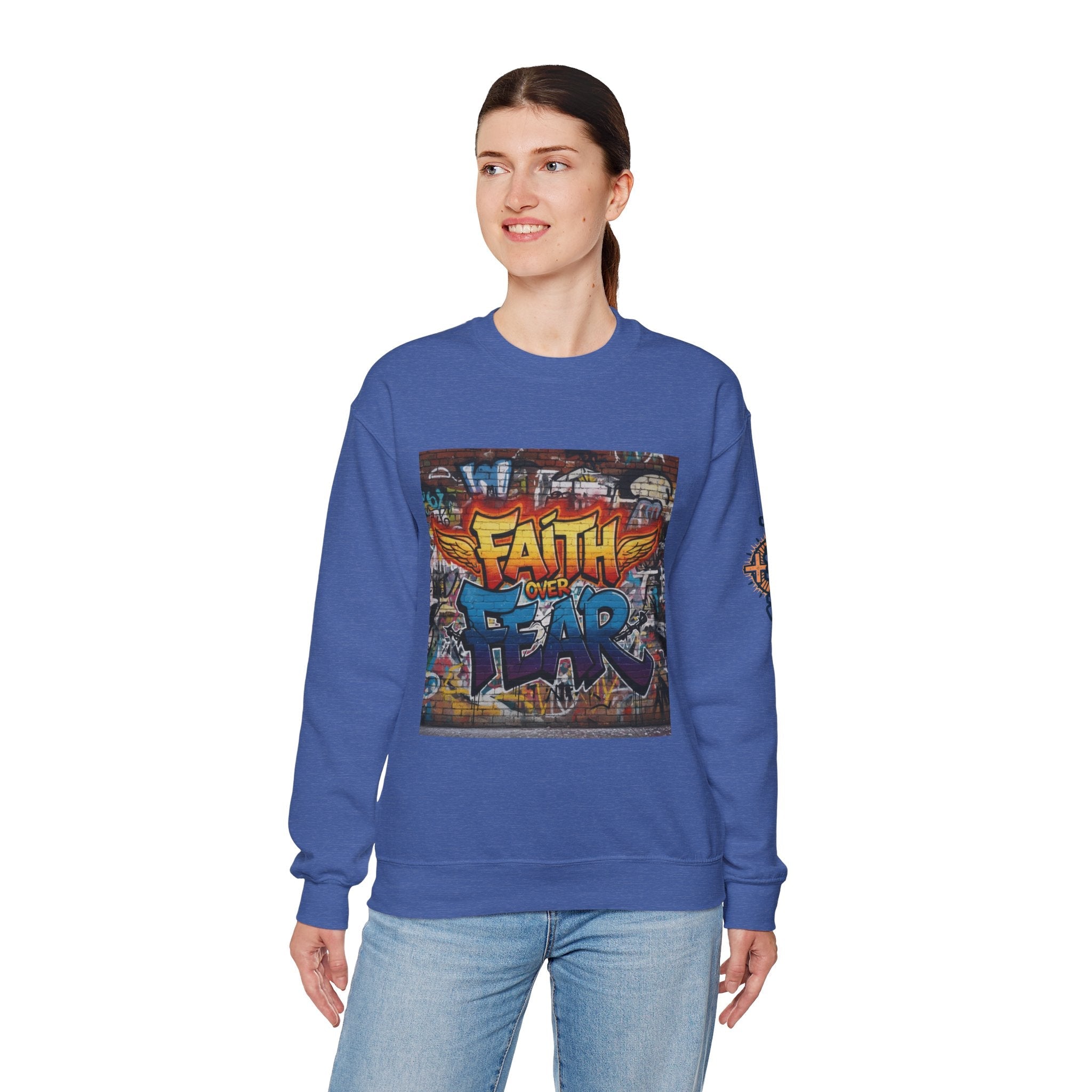 Faith Over Fear Sweatshirt – Graffiti Wall Christian Sweatshirt for Bold 2 Corinthians 5:7 Streetwear & Unshakable Faith Printify
