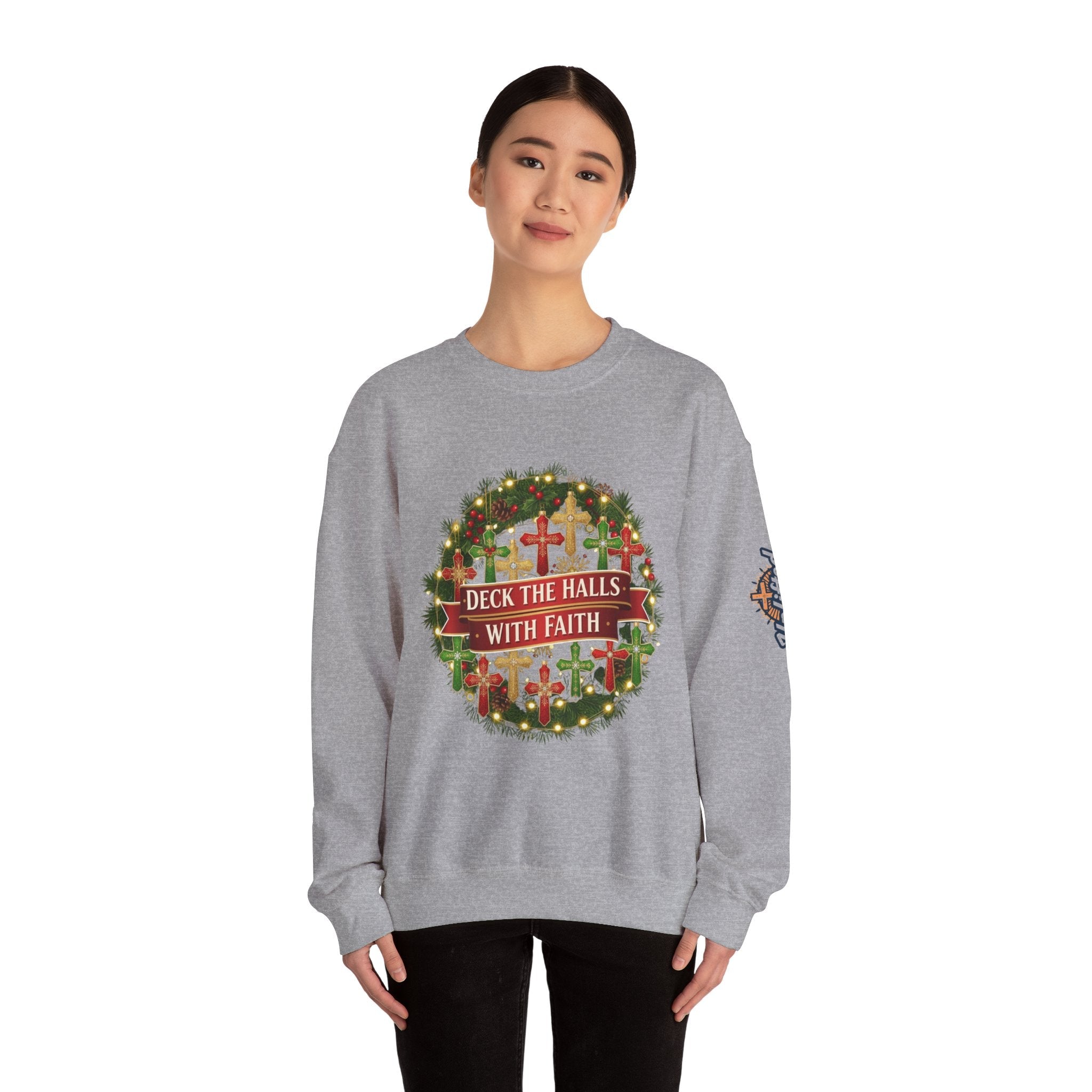 🎄 Deck the Halls with Faith – Christian Christmas Sweatshirt | Cross Ornament Design & Festive Garland | Bold Holiday Faith Tee by Uplifted Gear Printify