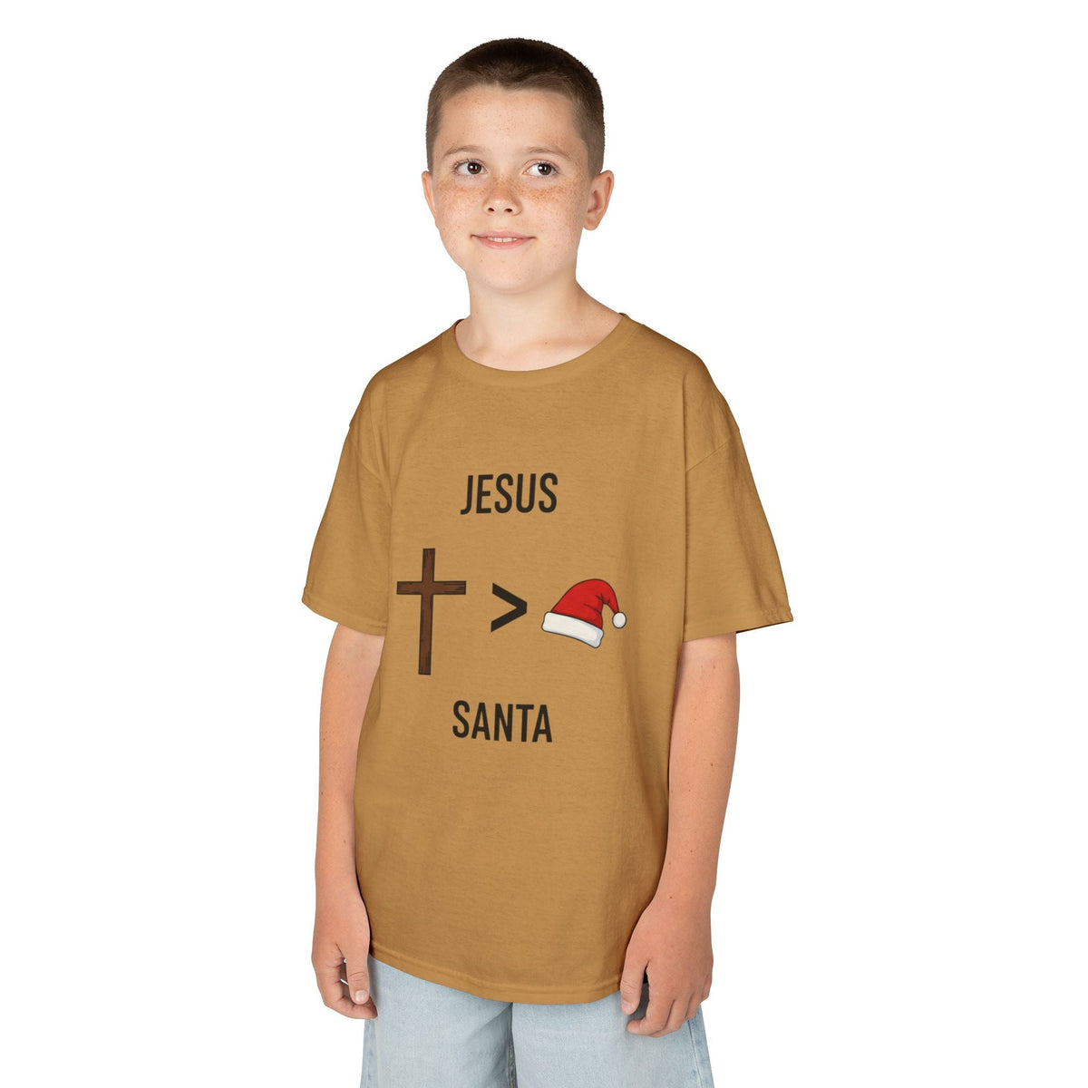 🎄 Jesus > Santa – Minimalist Christian Christmas Kids T-Shirt | Bold Faith Over Holiday Tee | Cross vs Santa Hat Design | Uplifted Gear Printify