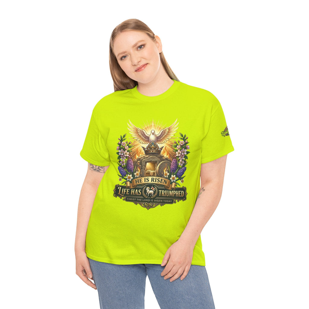 He Is Risen "Life Has Triumphed" T-Shirt — Easter Resurrection Christian Tee Printify