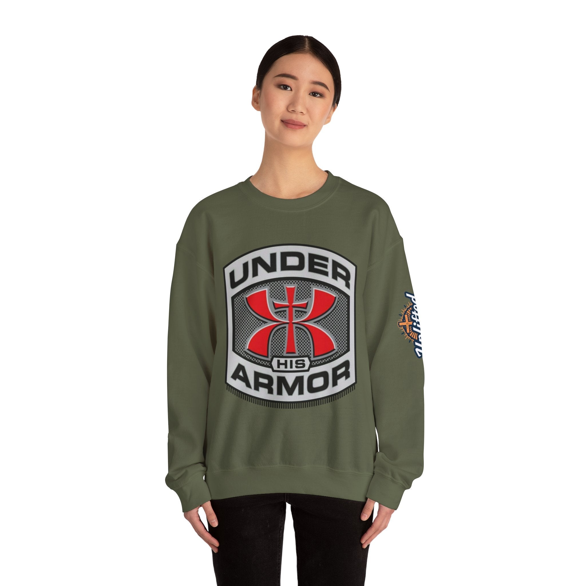 Under His Armor Crewneck Sweatshirt — Christian Faith Graphic Pullover Printify