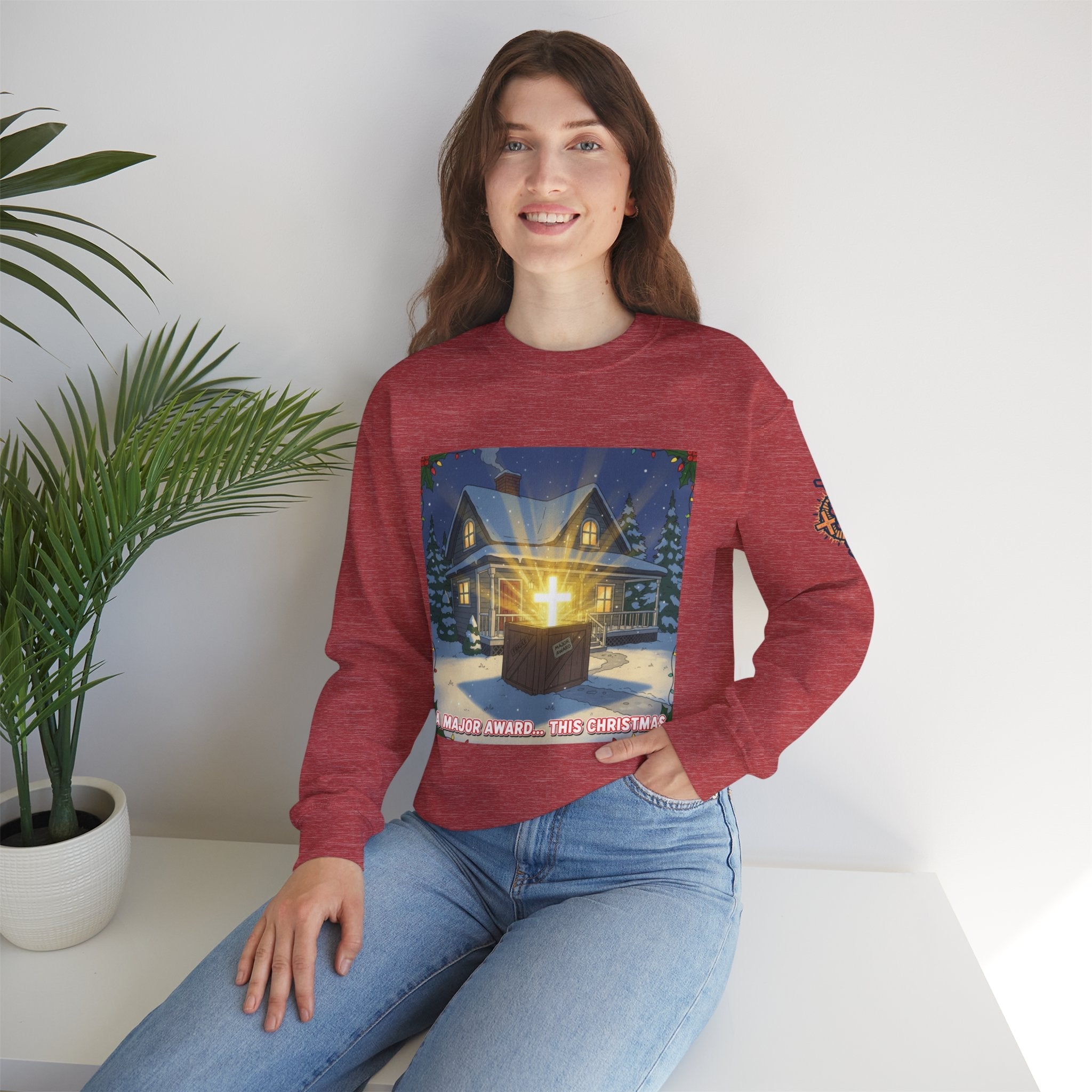 A Major Award This Christmas Sweatshirt – Fragile Leg Lamp Parody Cross Unboxing Christian Sweatshirt for Hilarious Faith & Holiday Glow Printify