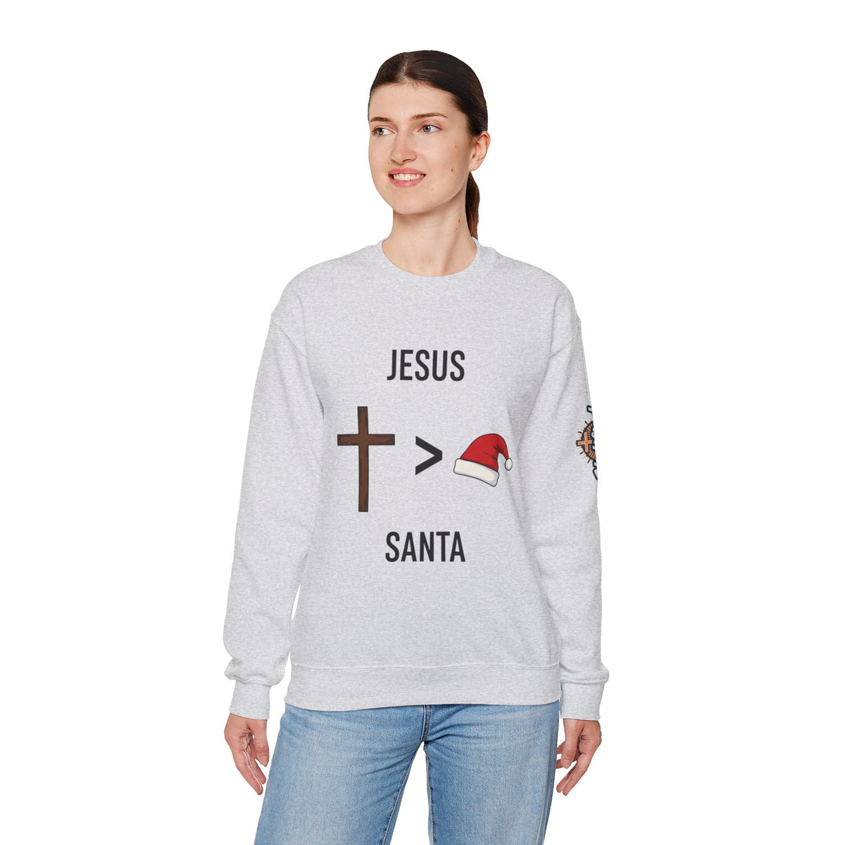 🎄 Jesus > Santa – Minimalist Christian Christmas Sweatshirt | Bold Faith Over Holiday Tee | Cross vs Santa Hat Design | Uplifted Gear Printify