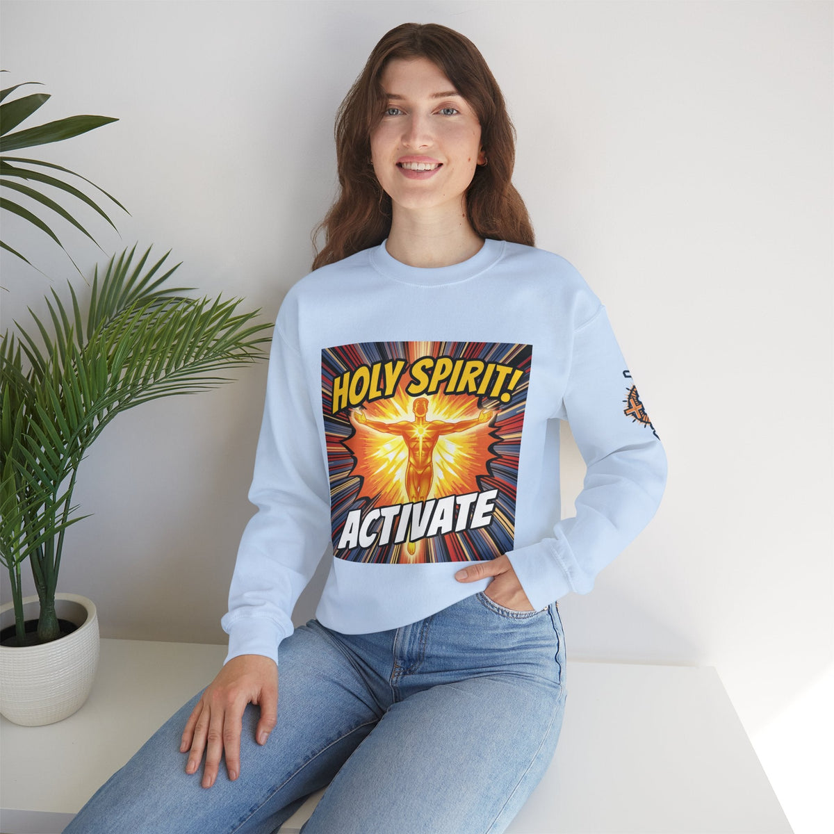 Holy Spirit Activate Sweatshirt – Superhero Christian Sweatshirt with Vibrant Power-Up Design for Faith-Fueled Boldness Printify