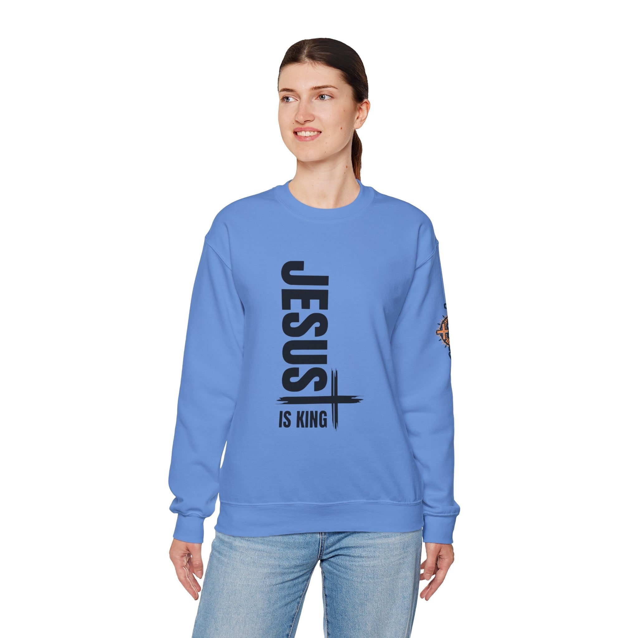 Jesus Is King Sweatshirt | Modern Typographic Cross Christian Sweatshirt Printify