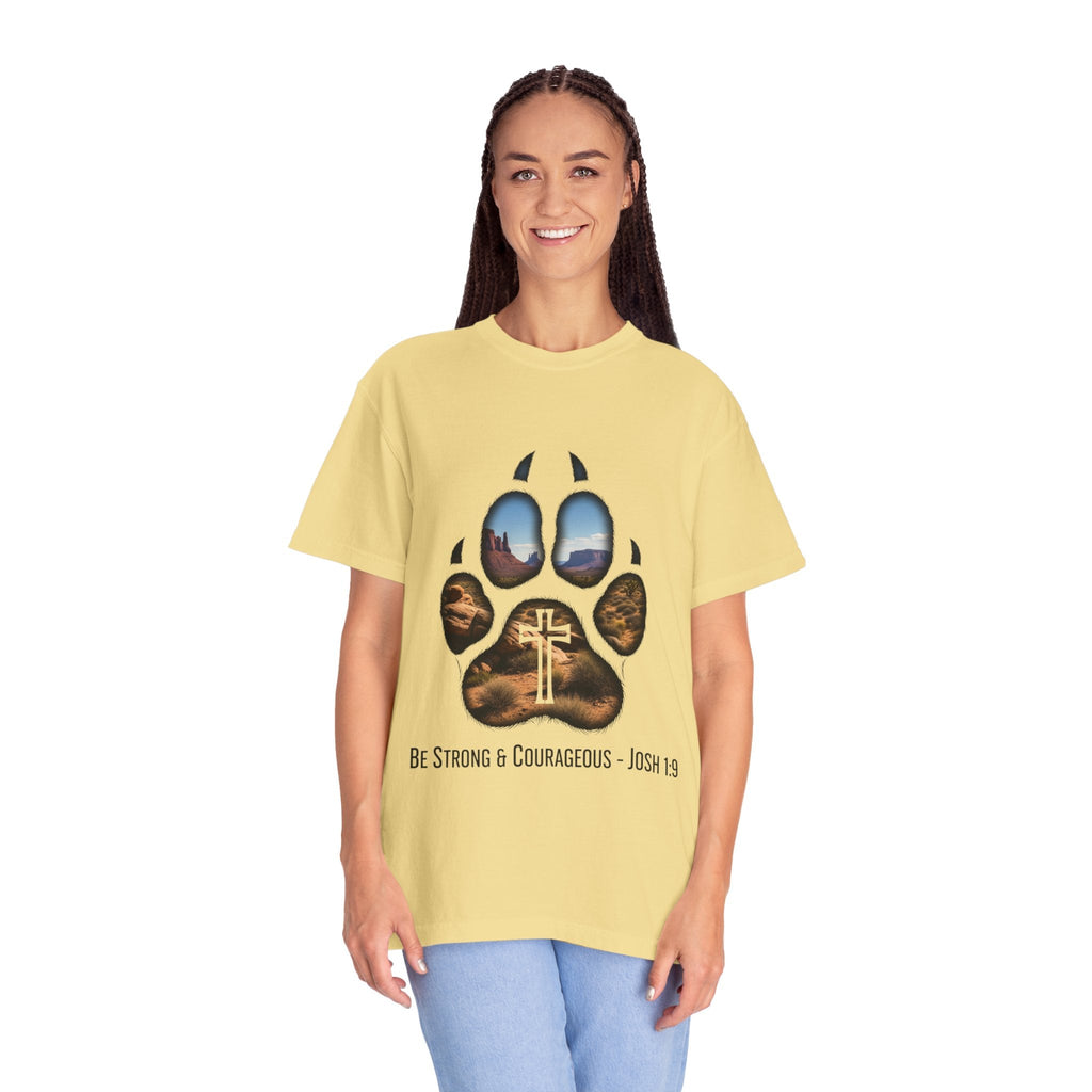 Strong and Courageous T-Shirt – Canine Pawprint Desert Joshua 1:9 Christian Tee Printify