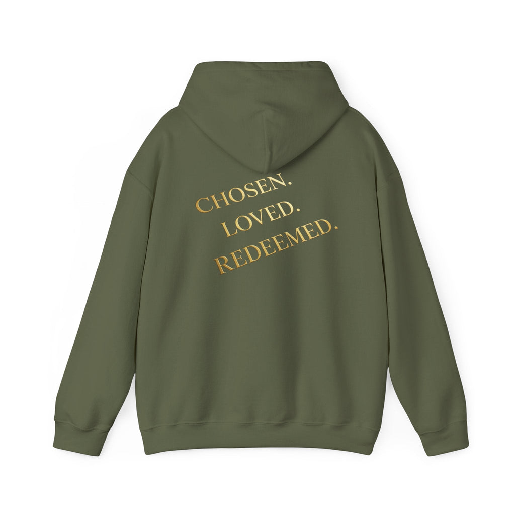 ✨ Chosen. Loved. Redeemed. – Elegant Christian Hoodie | Gold Foil Faith Tee | Subtle Cross & Heart Design | Inspirational Bible Verse Apparel by Uplifted Gear Printify