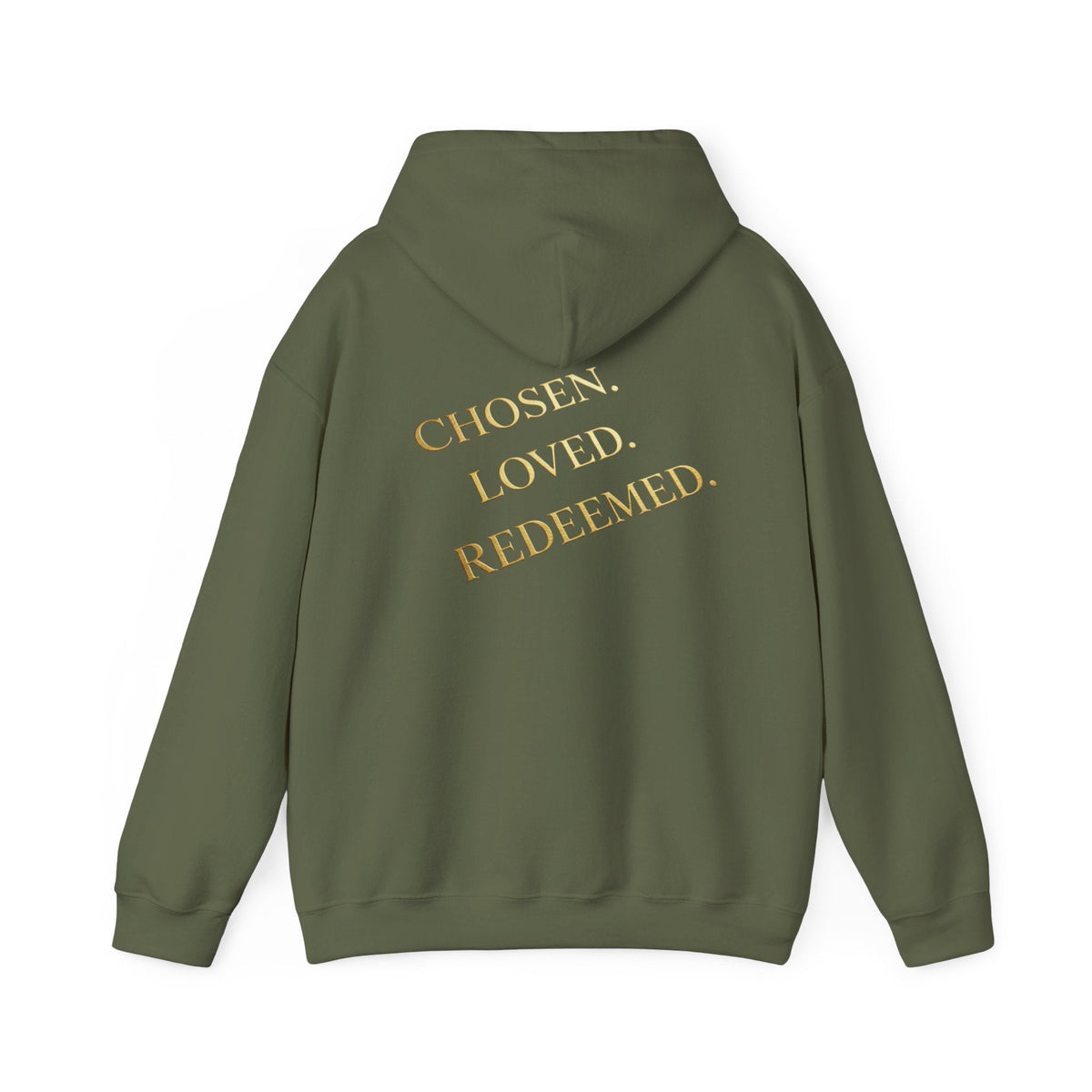 ✨ Chosen. Loved. Redeemed. – Elegant Christian Hoodie | Gold Foil Faith Tee | Subtle Cross & Heart Design | Inspirational Bible Verse Apparel by Uplifted Gear Printify