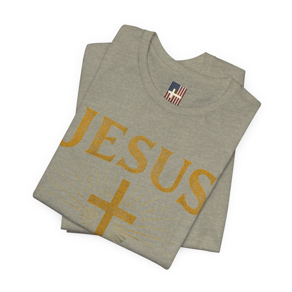 Jesus Saves T-shirt – Radiant Cross & Rays of Light Christian T-shirt for Eternal Hope & Faith Printify