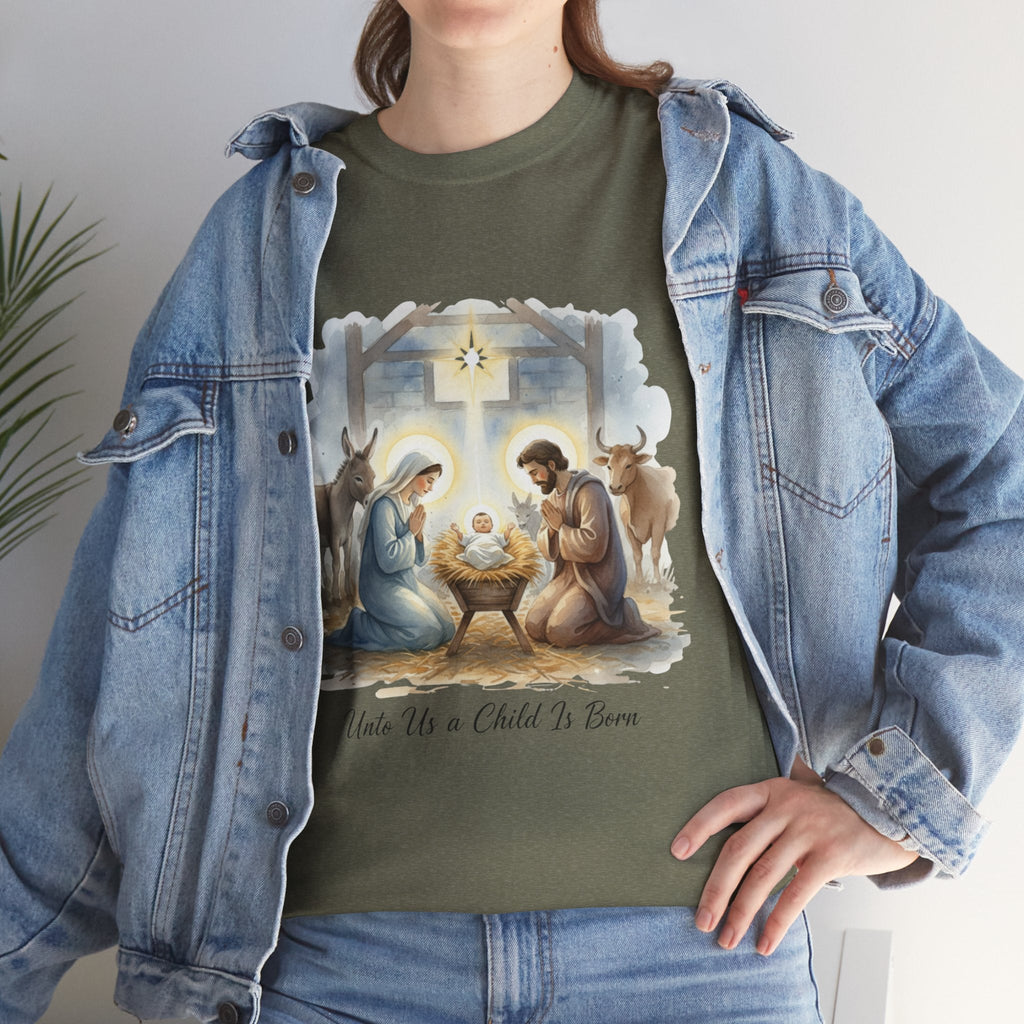 Unto Us a Child is Born T-shirt – Isaiah 9:6 Nativity Manger Scene Christian Christmas T-shirt for Holy Night Faith Printify