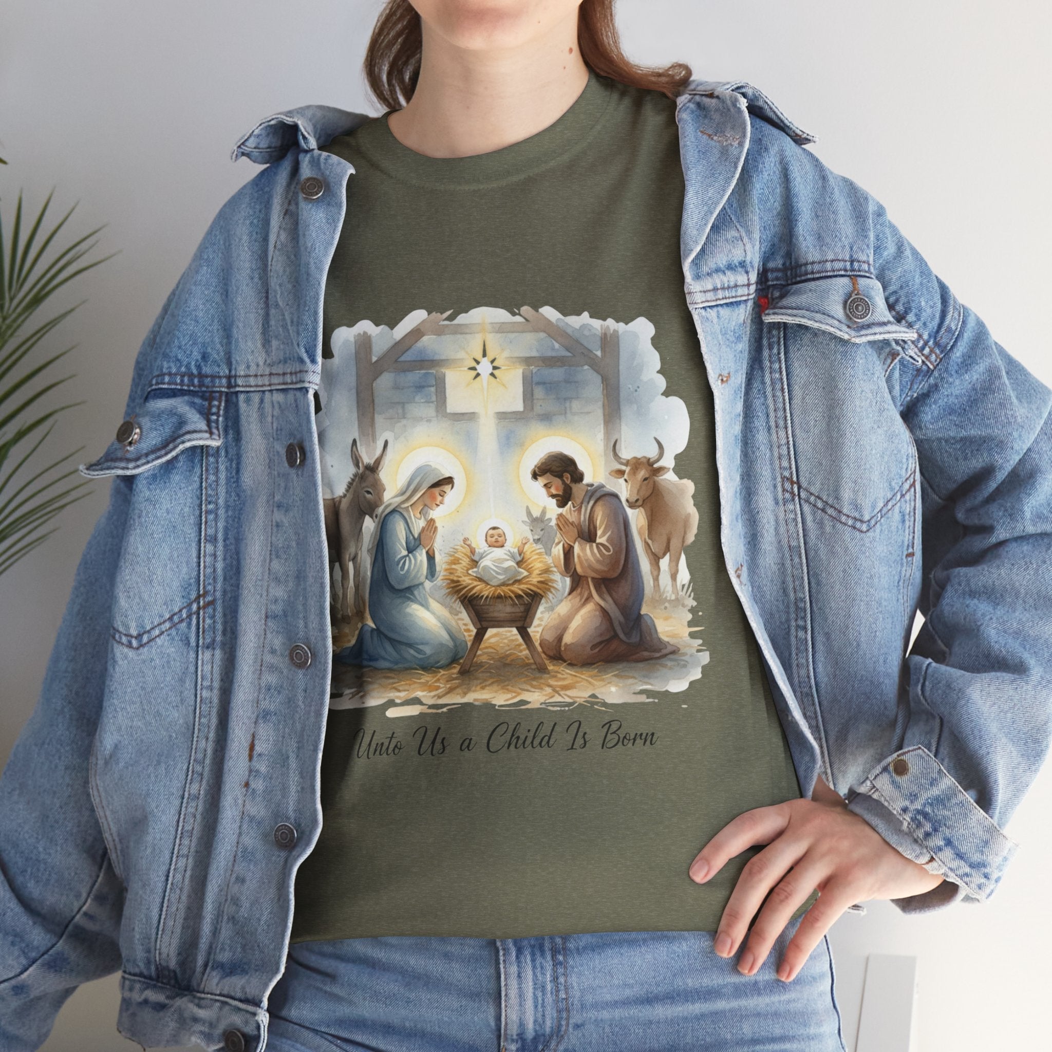 Unto Us a Child is Born T-shirt – Isaiah 9:6 Nativity Manger Scene Christian Christmas T-shirt for Holy Night Faith Printify