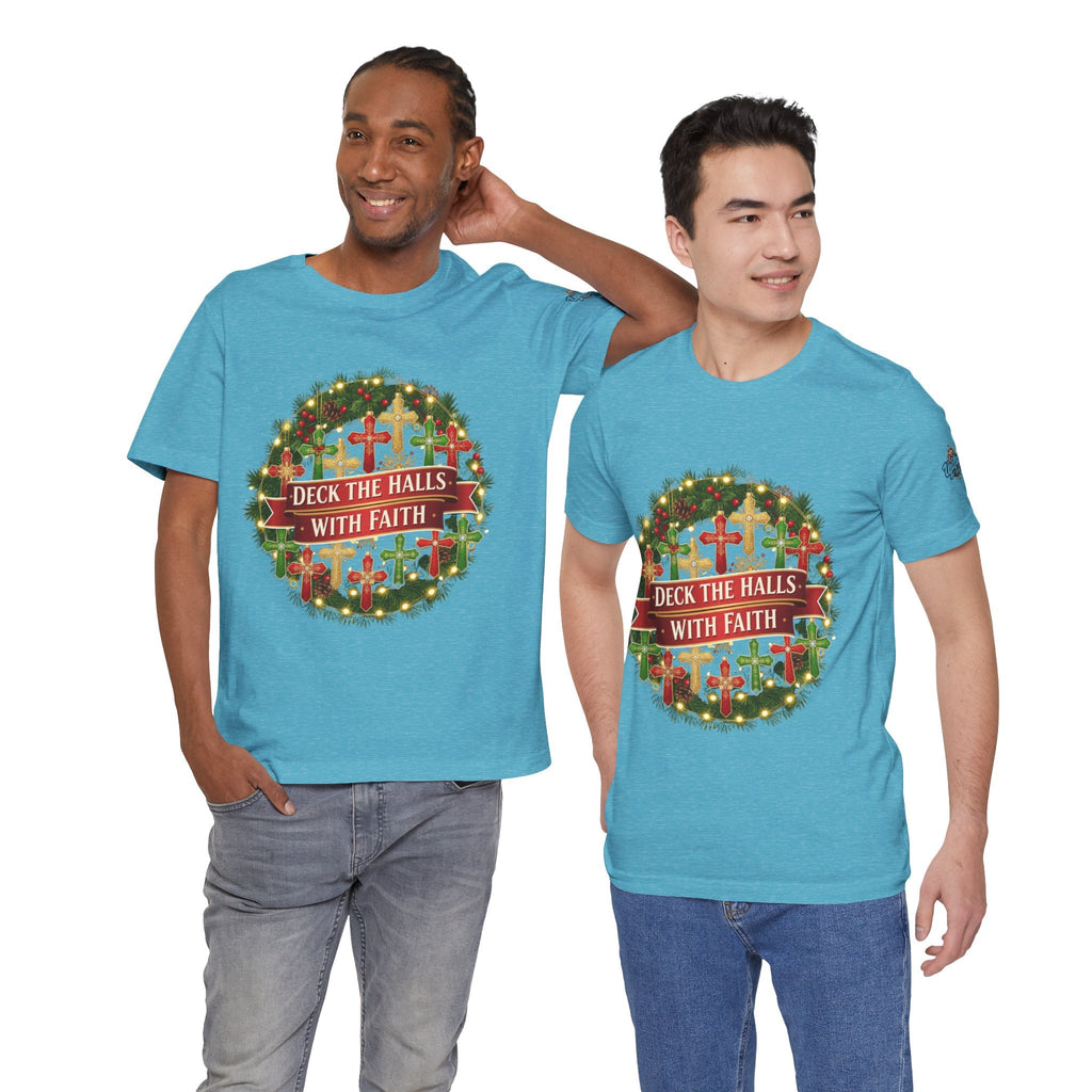 🎄 Deck the Halls with Faith – Christian Christmas T-Shirt | Cross Ornament Design & Festive Garland | Bold Holiday Faith Tee by Uplifted Gear Printify