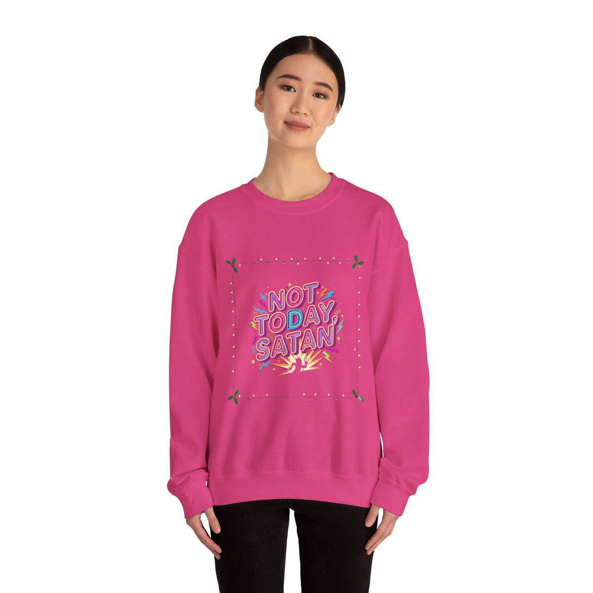 🔥 Not Today, Satan – Retro 90s Christian Sweatshirt | Neon Faith Tee | Funky Cartoon Devil | Bold Bible Verse Shirt | Uplifted Gear Printify