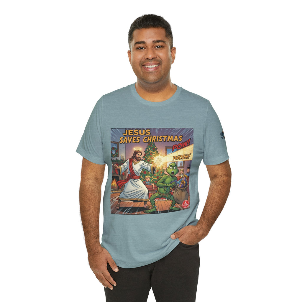 Jesus Saves Christmas T-shirt – Grinch vs Savior Light Battle Christian T-shirt for Hilarious Holiday Faith & True Joy Printify