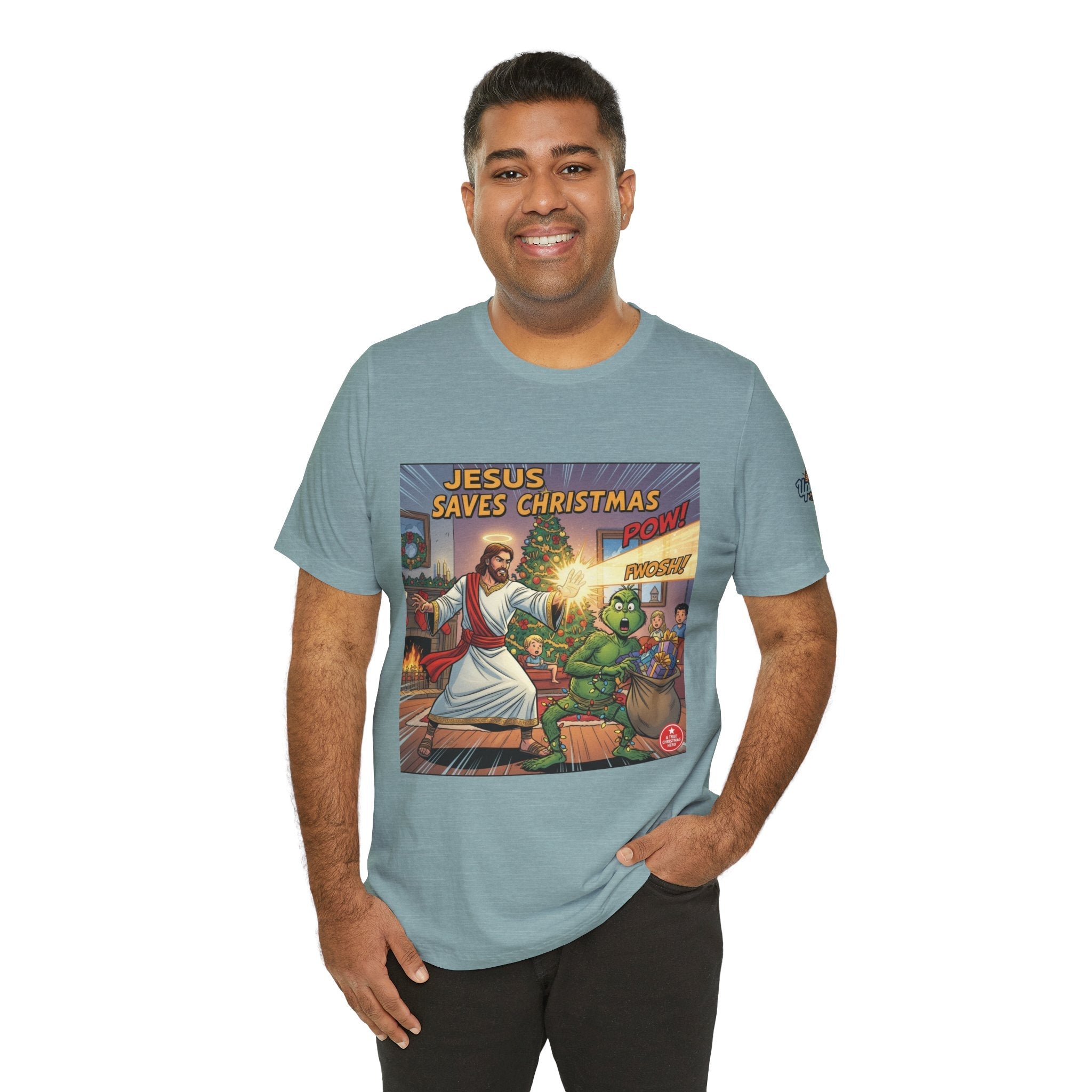 Jesus Saves Christmas T-shirt – Grinch vs Savior Light Battle Christian T-shirt for Hilarious Holiday Faith & True Joy Printify