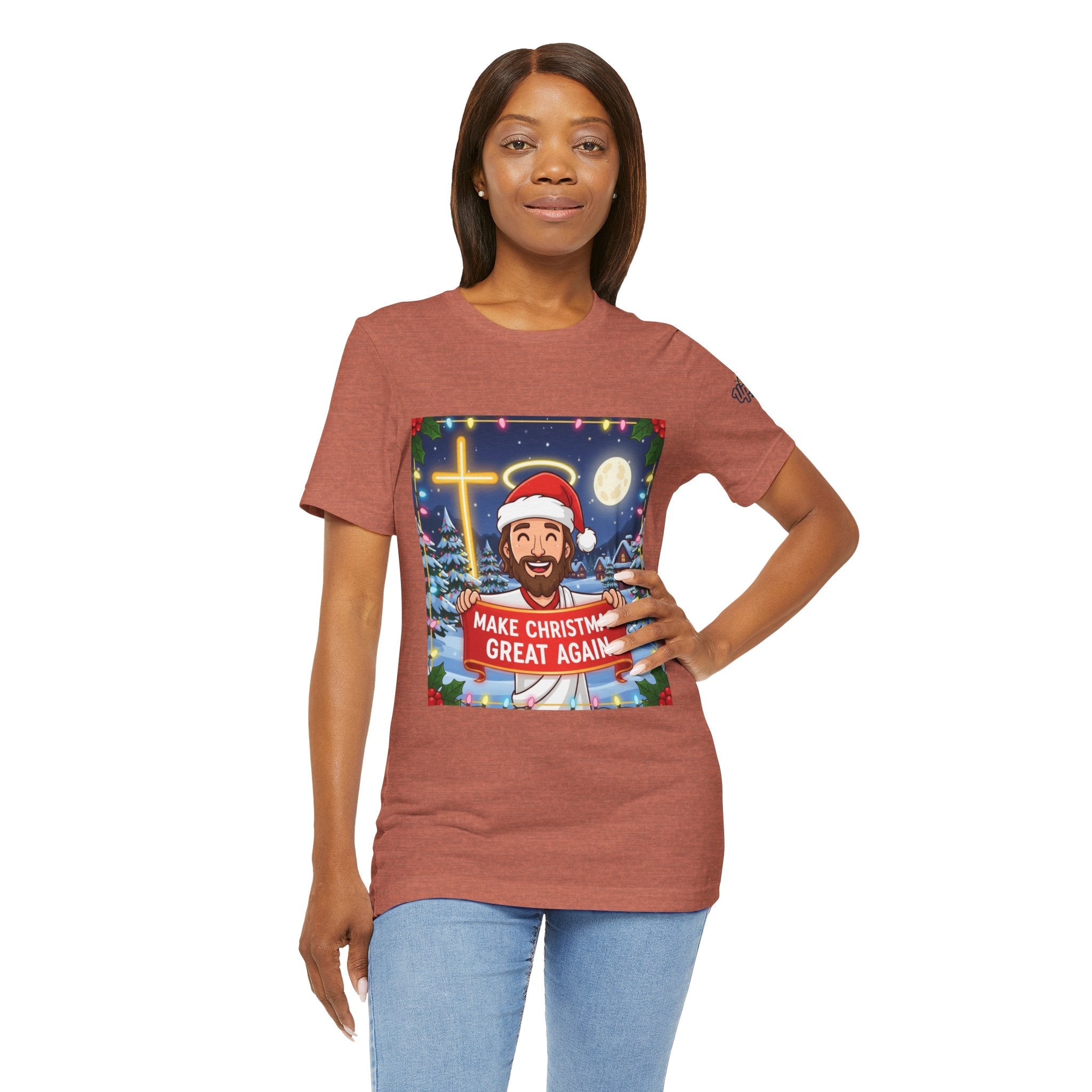 🎄 Make Christmas Great Again – Funny Christian T-Shirt | Jesus Holding Banner | Faith-Based Holiday Parody Tee | Uplifted Gear Printify