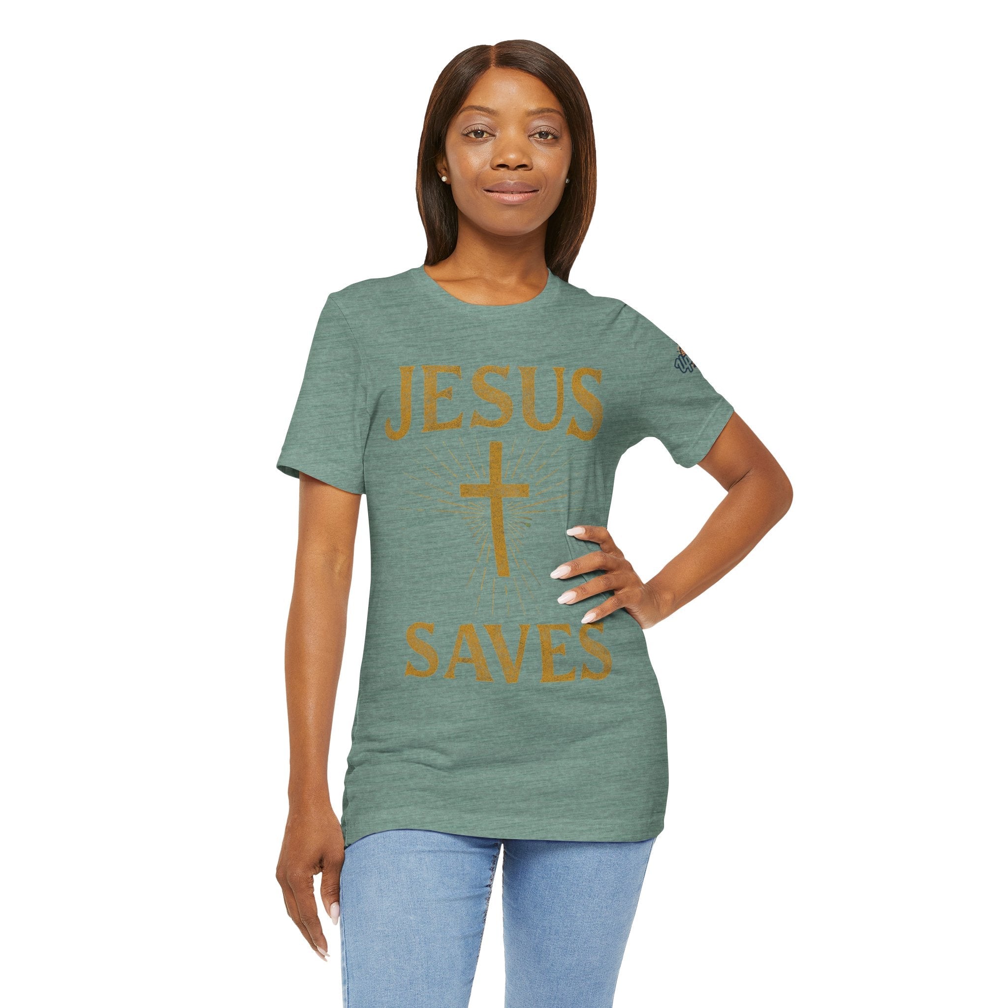 Jesus Saves T-shirt – Radiant Cross & Rays of Light Christian T-shirt for Eternal Hope & Faith Printify