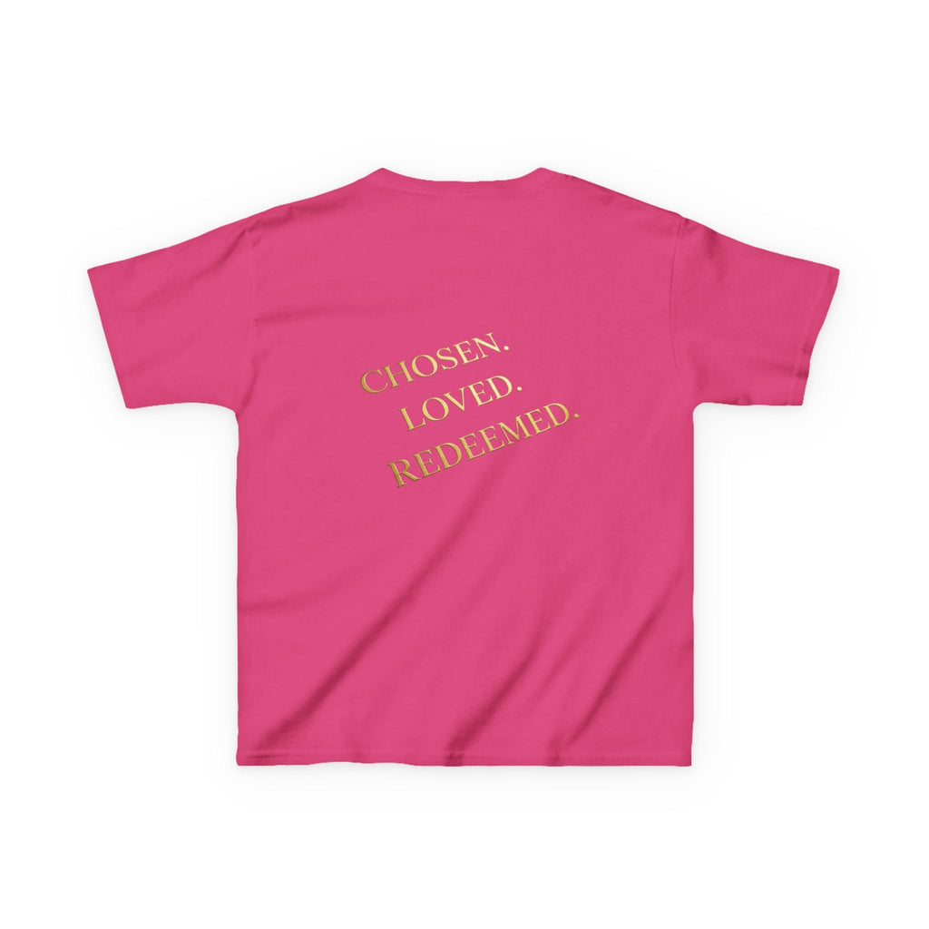 ✨ Chosen. Loved. Redeemed. – Elegant Christian Kids T-Shirt | Gold Foil Faith Tee | Subtle Cross & Heart Design | Inspirational Bible Verse Apparel by Uplifted Gear Printify