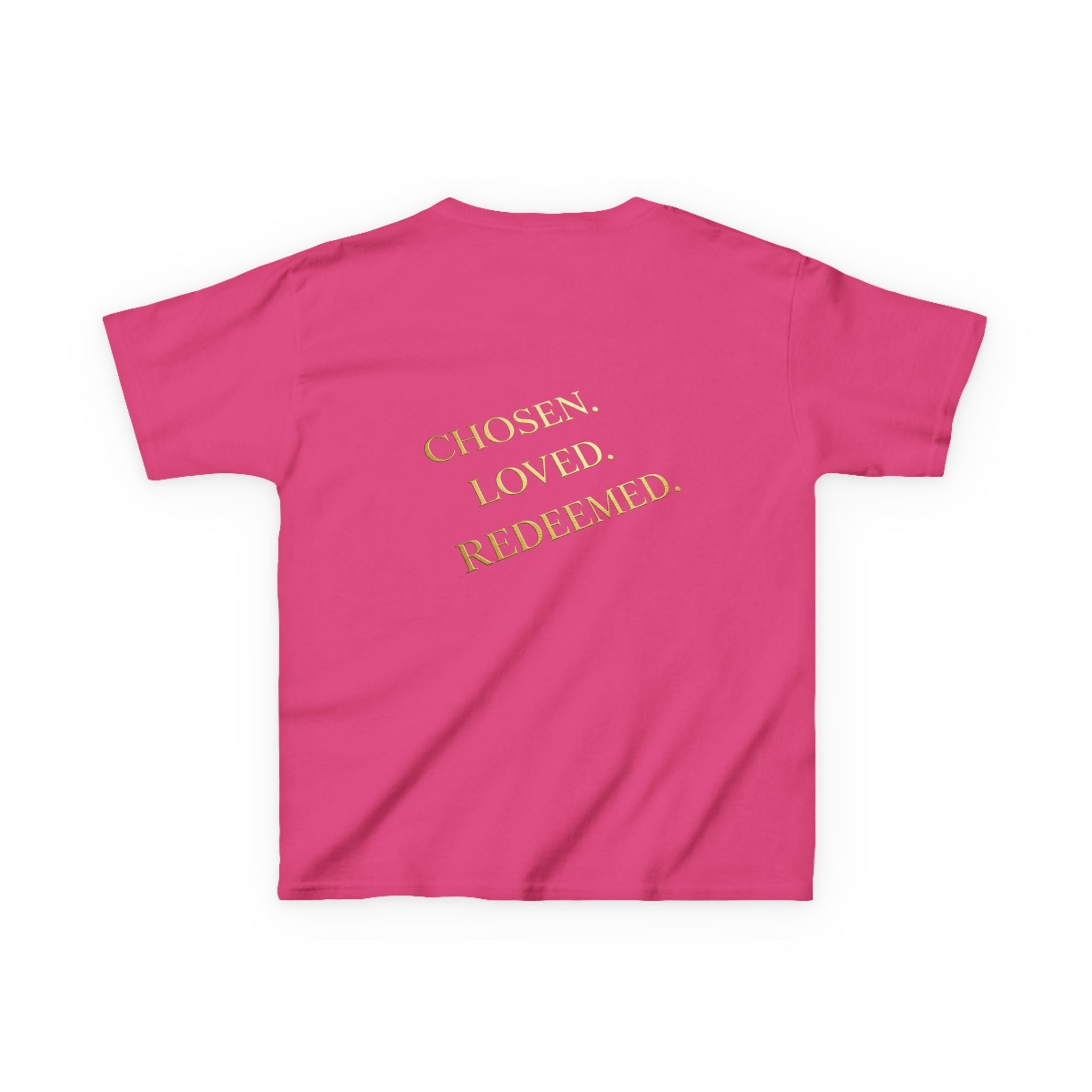 ✨ Chosen. Loved. Redeemed. – Elegant Christian Kids T-Shirt | Gold Foil Faith Tee | Subtle Cross & Heart Design | Inspirational Bible Verse Apparel by Uplifted Gear Printify