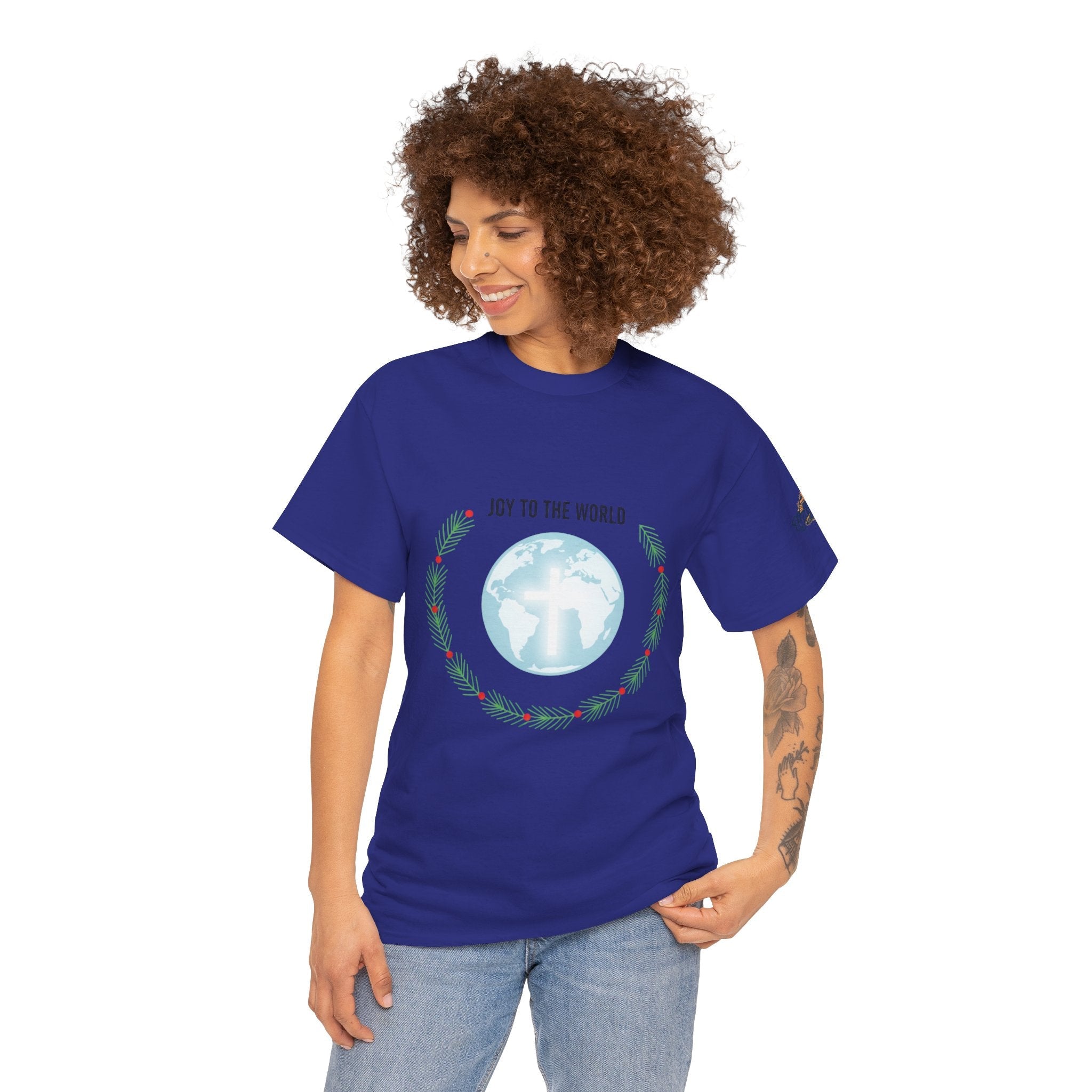 Joy to the World T-shirt – Wreath Earth Nativity Christian Christmas T-shirt for Isaiah 9:6 Holiday Faith & Festive Joy Printify