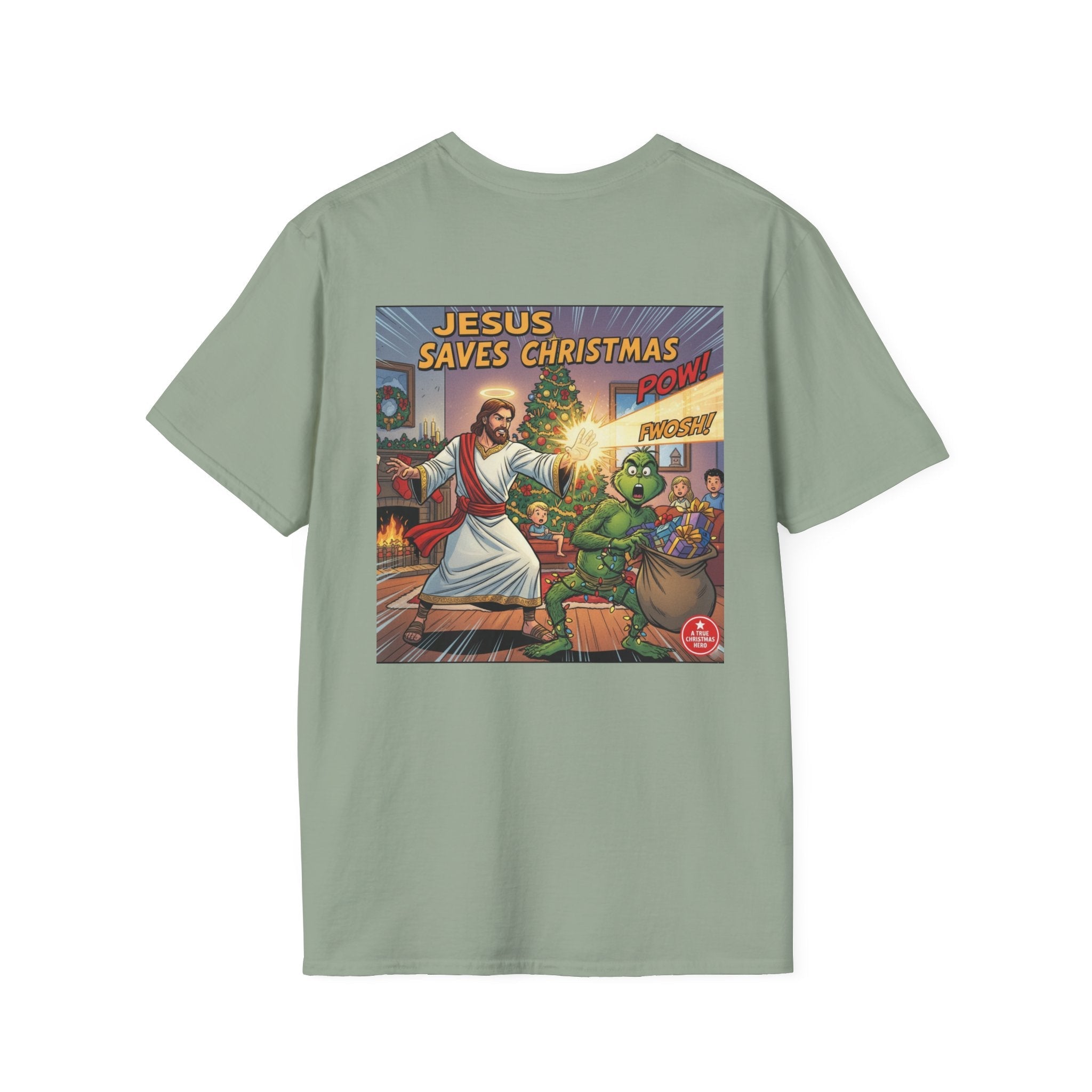 Jesus Saves Christmas T-shirt – Grinch vs Savior Light Battle Christian T-shirt for Hilarious Holiday Faith & True Joy Printify