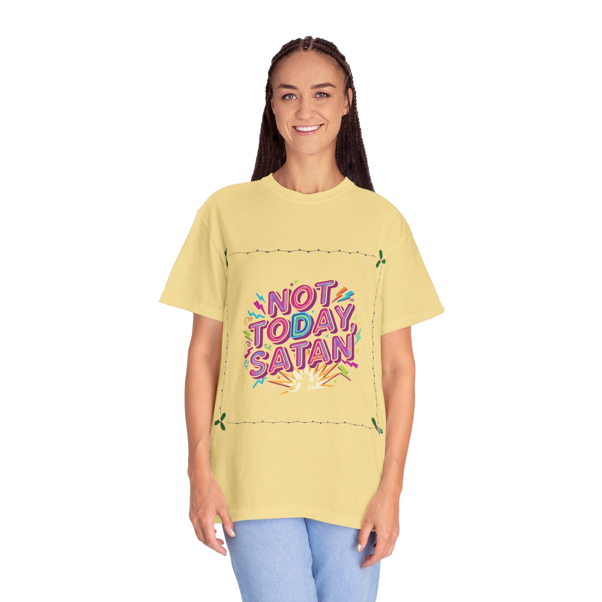 🔥 Not Today, Satan – Retro 90s Christian T-Shirt | Neon Faith Tee | Funky Cartoon Devil | Bold Bible Verse Shirt | Uplifted Gear Printify