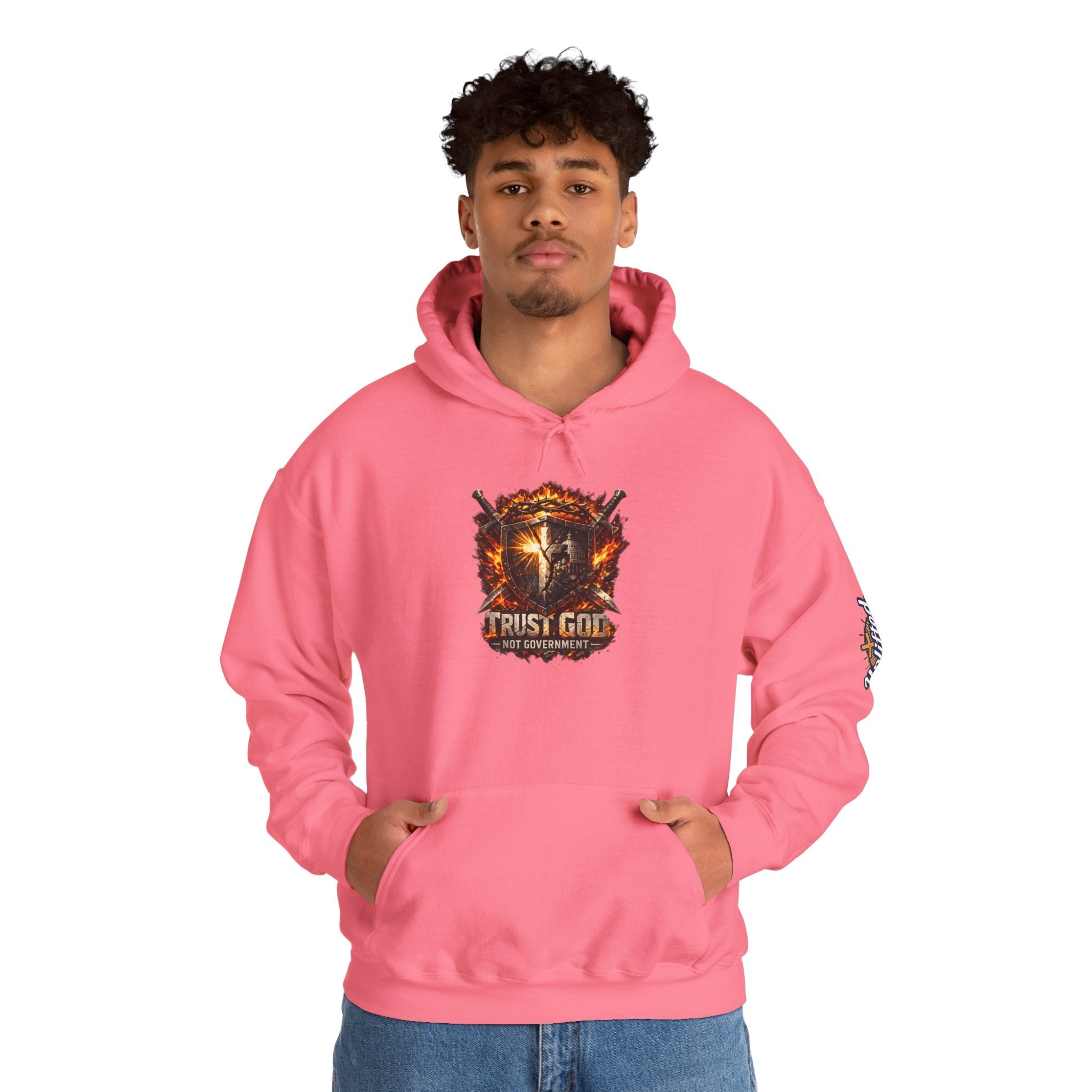 Trust God Not Government Shield Hoodie — Patriotic Christian Faith Hoodie Printify