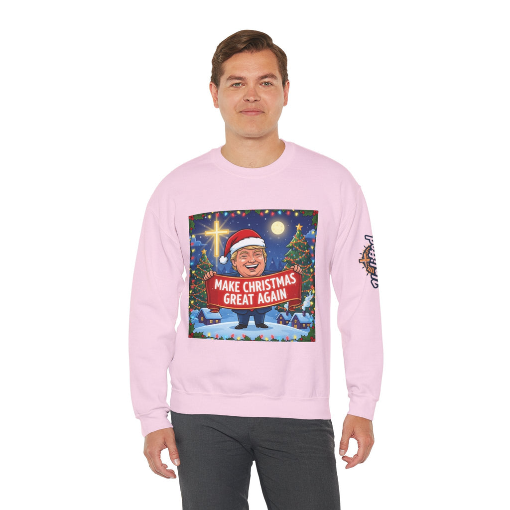 🎄 Make Christmas Great Again – Patriotic Christian Christmas Sweatshirt | Bold Holiday Faith Tee | Red & White Banner Design | Uplifted Gear Printify