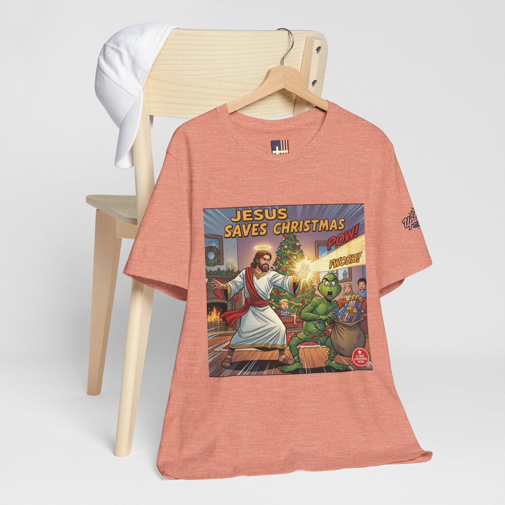 Jesus Saves Christmas T-shirt – Grinch vs Savior Light Battle Christian T-shirt for Hilarious Holiday Faith & True Joy Printify
