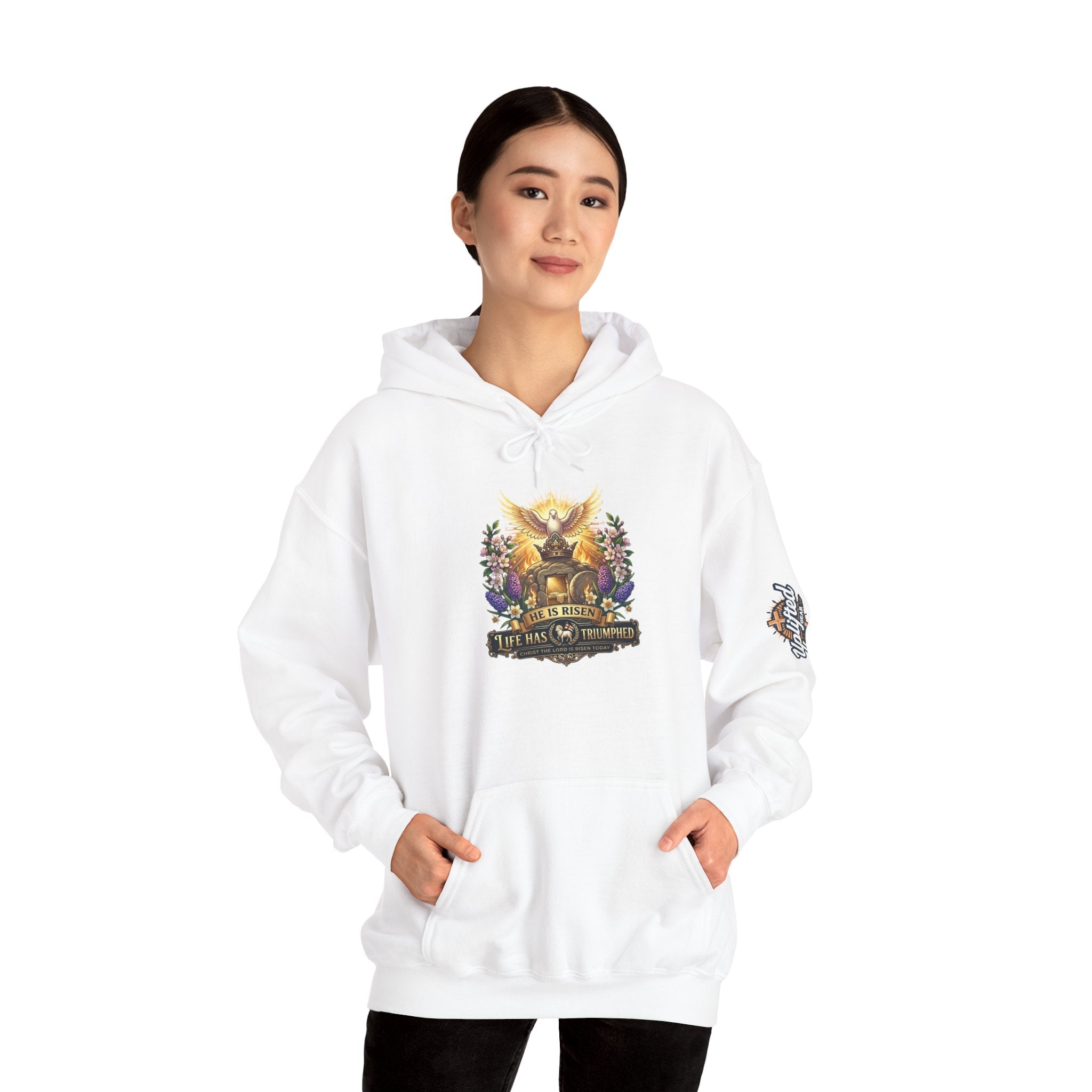 He Is Risen "Life Has Triumphed" Hoodie — Easter Resurrection Christian Hoodie Printify