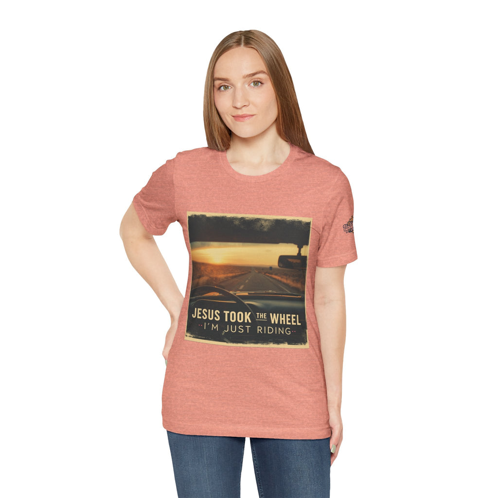 Jesus Took the Wheel I'm Just Riding T-shirt – Funny Christian Convertible Car T-shirt for Surrendered Faith & Humor Printify