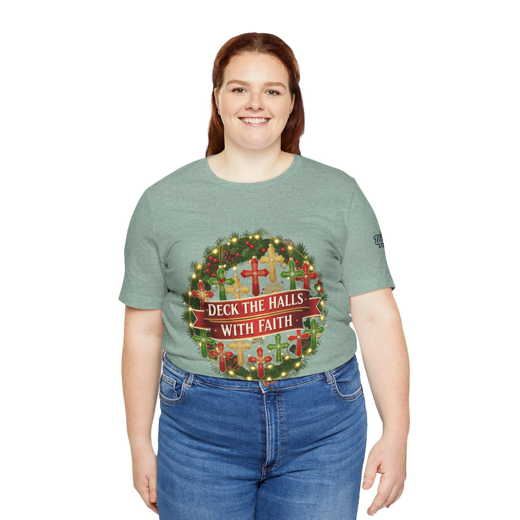🎄 Deck the Halls with Faith – Christian Christmas T-Shirt | Cross Ornament Design & Festive Garland | Bold Holiday Faith Tee by Uplifted Gear Printify