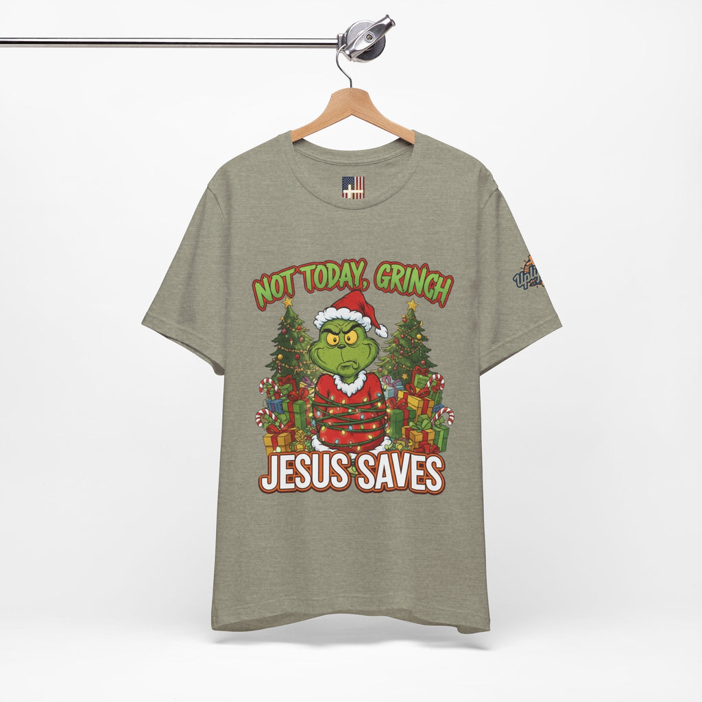 🎄 Not Today, Grinch – Jesus Saves | Funny Christian Christmas T-Shirt | Sulking Grinch & Glowing Cross | Bold Neon Faith Tee by Uplifted Gear Printify