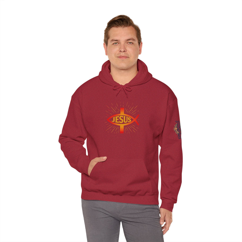 Jesus Ichthys Hoodie – Christian Fish Symbol with Cross & Jesus Inscription Sweatshirt for Eternal Faith & Streetwear Printify