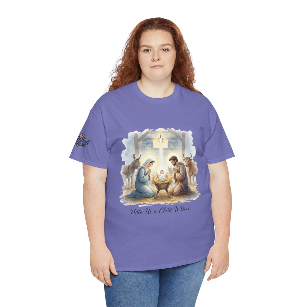 Unto Us a Child is Born T-shirt – Isaiah 9:6 Nativity Manger Scene Christian Christmas T-shirt for Holy Night Faith Printify