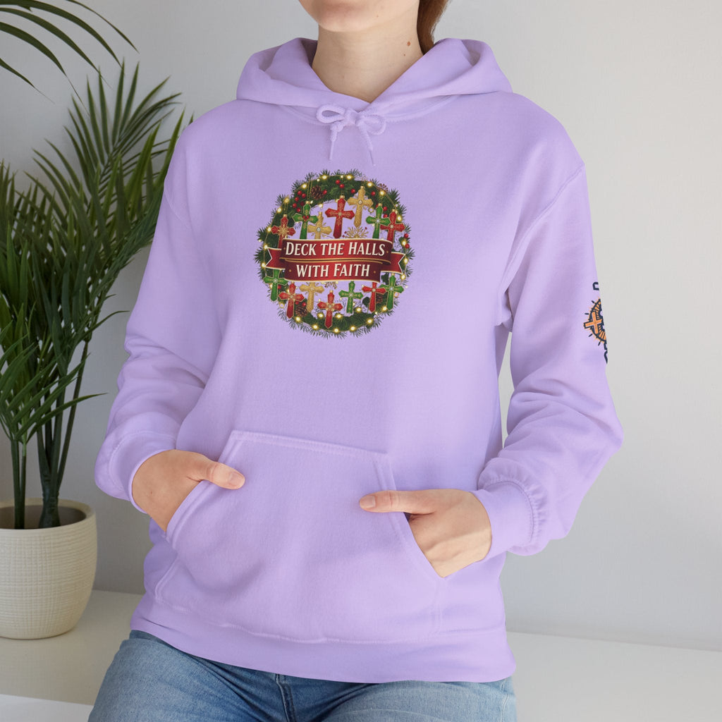 🎄 Deck the Halls with Faith – Christian Christmas Hoodie | Cross Ornament Design & Festive Garland | Bold Holiday Faith Tee by Uplifted Gear Printify