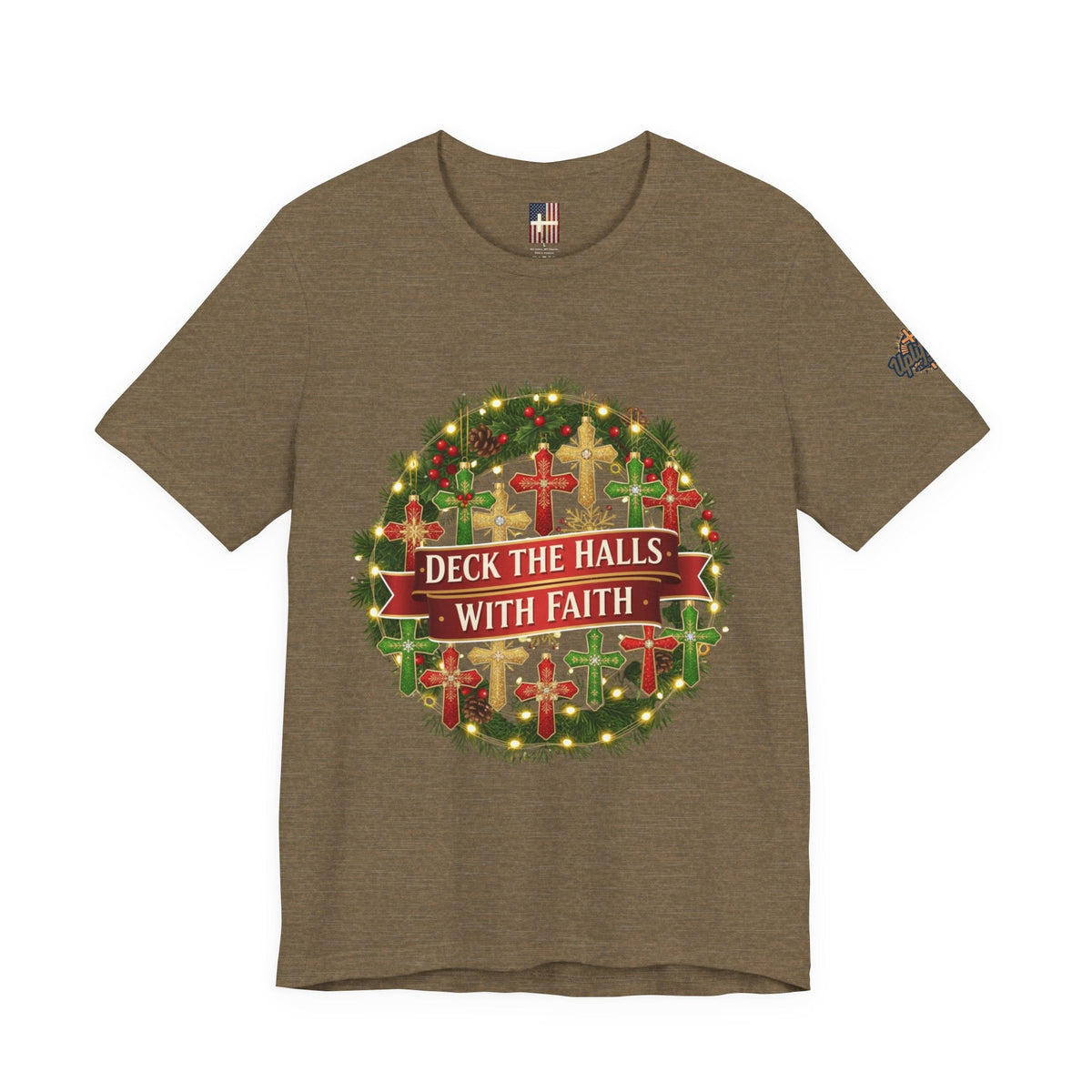 🎄 Deck the Halls with Faith – Christian Christmas T-Shirt | Cross Ornament Design & Festive Garland | Bold Holiday Faith Tee by Uplifted Gear Printify
