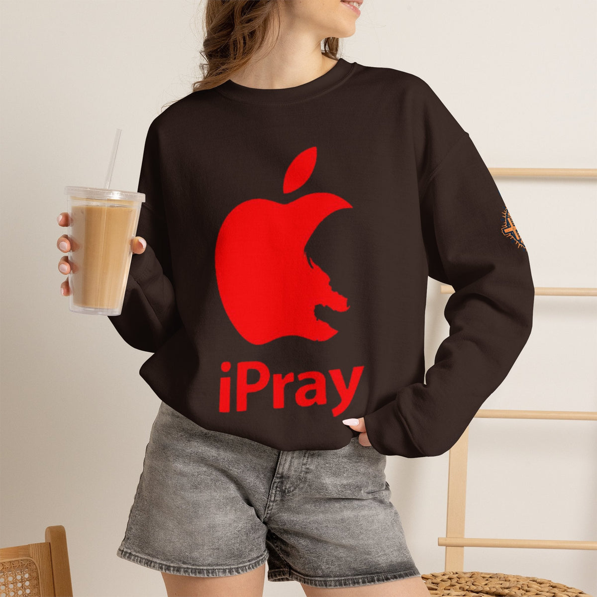 iPray Apple Logo Sweatshirt — Funny Christian Sweatshirt (Minimal Red Apple Graphic) Printify