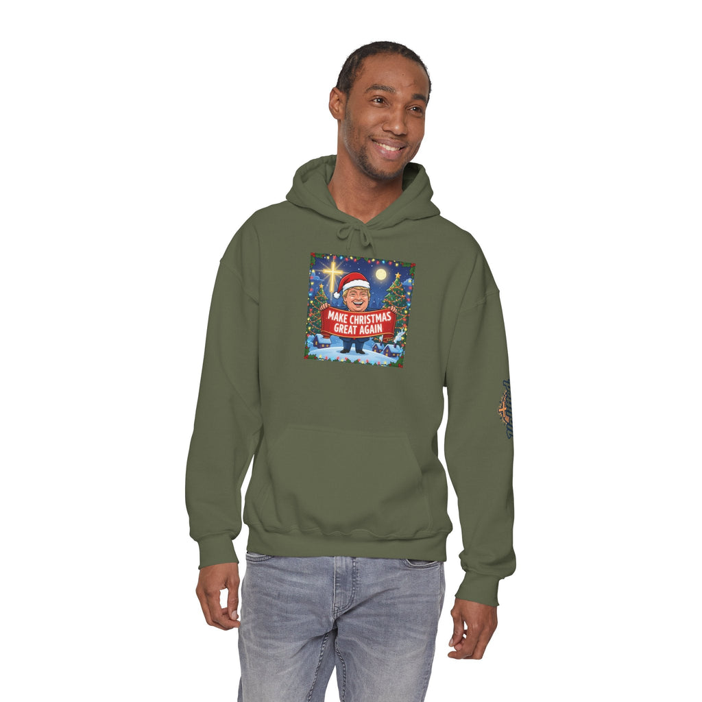 🎄 Make Christmas Great Again – Patriotic Christian Christmas Hoodie | Bold Holiday Faith Tee | Red & White Banner Design | Uplifted Gear Printify