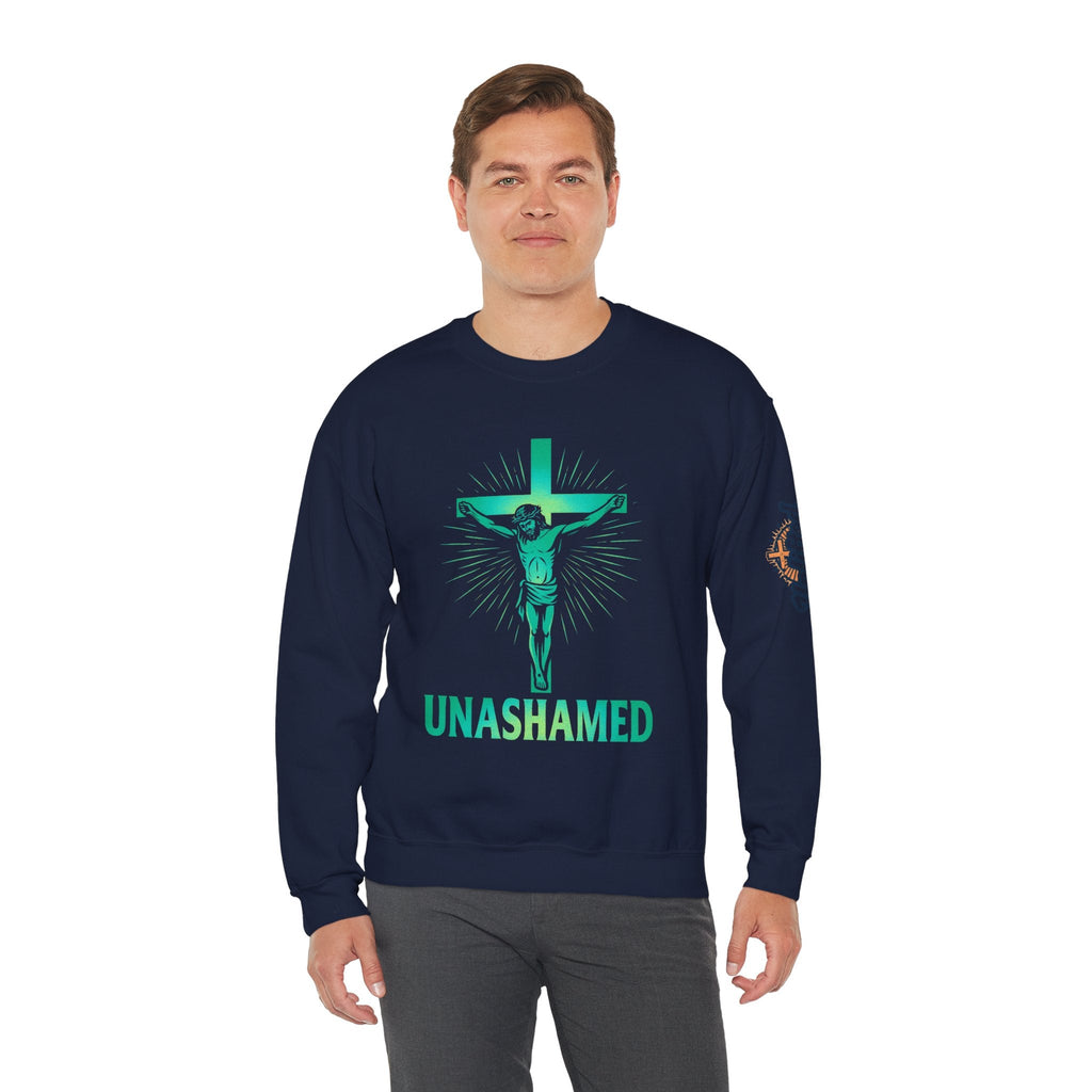 Unashamed Sweatshirt – Romans 1:16 Crucifixion Christian Sweatshirt for Bold Unwavering Faith Printify