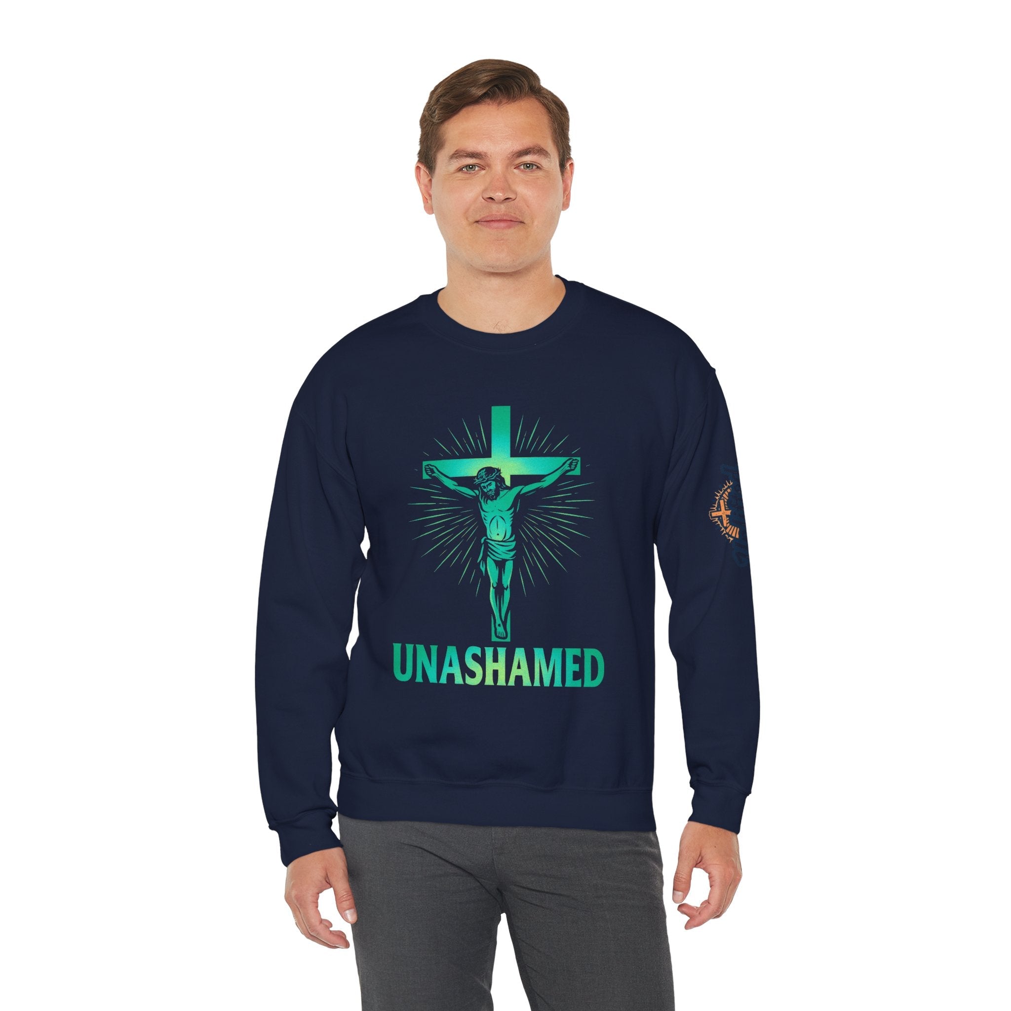 Unashamed Sweatshirt – Romans 1:16 Crucifixion Christian Sweatshirt for Bold Unwavering Faith Printify