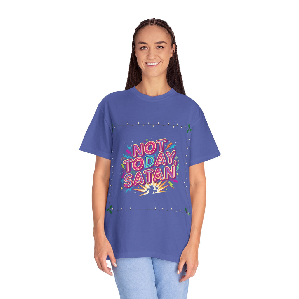 🔥 Not Today, Satan – Retro 90s Christian T-Shirt | Neon Faith Tee | Funky Cartoon Devil | Bold Bible Verse Shirt | Uplifted Gear Printify