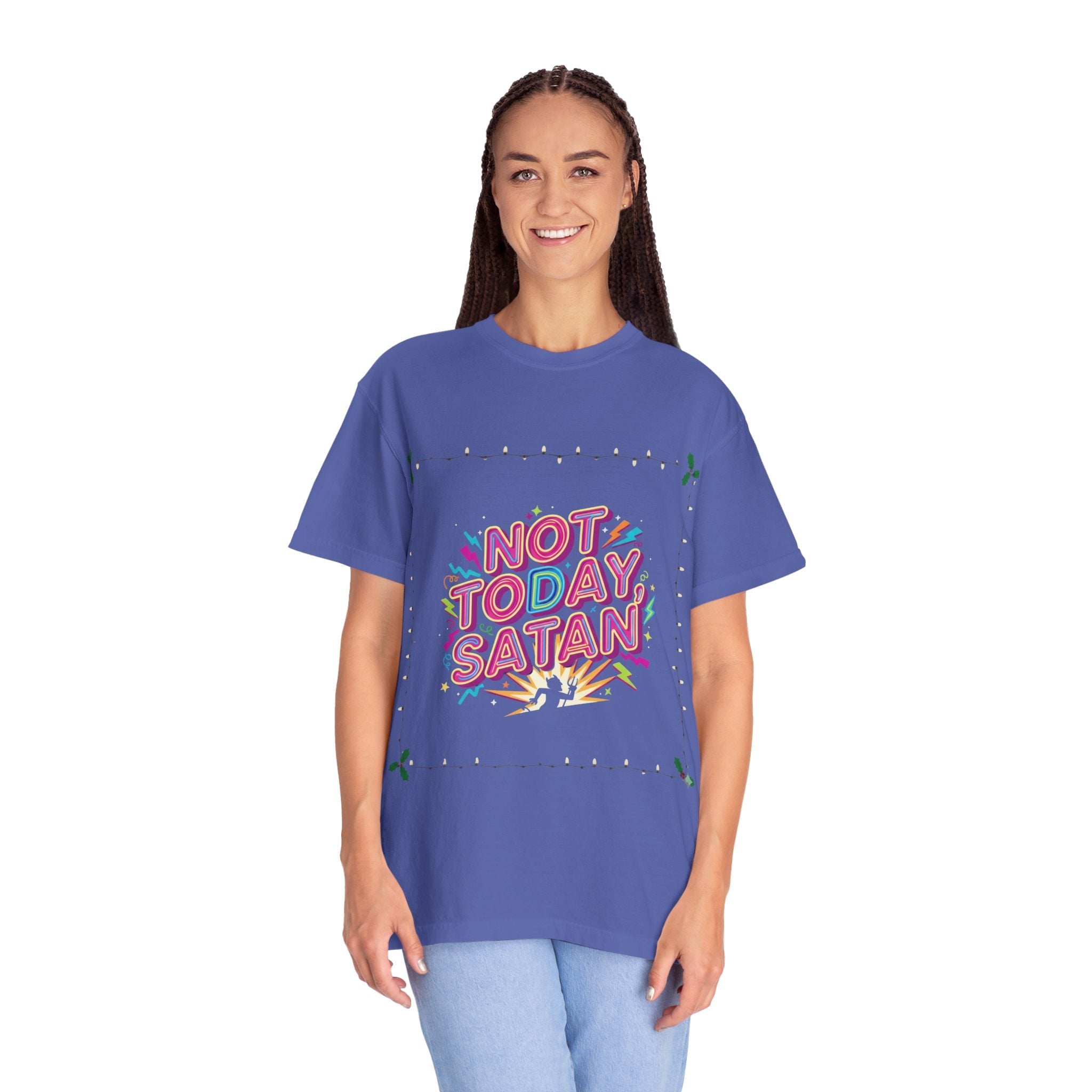 🔥 Not Today, Satan – Retro 90s Christian T-Shirt | Neon Faith Tee | Funky Cartoon Devil | Bold Bible Verse Shirt | Uplifted Gear Printify