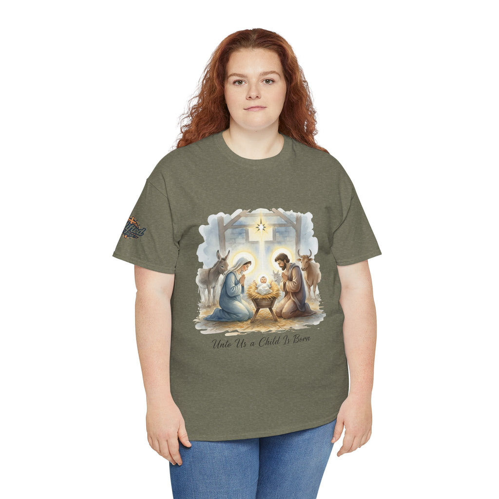 Unto Us a Child is Born T-shirt – Isaiah 9:6 Nativity Manger Scene Christian Christmas T-shirt for Holy Night Faith Printify