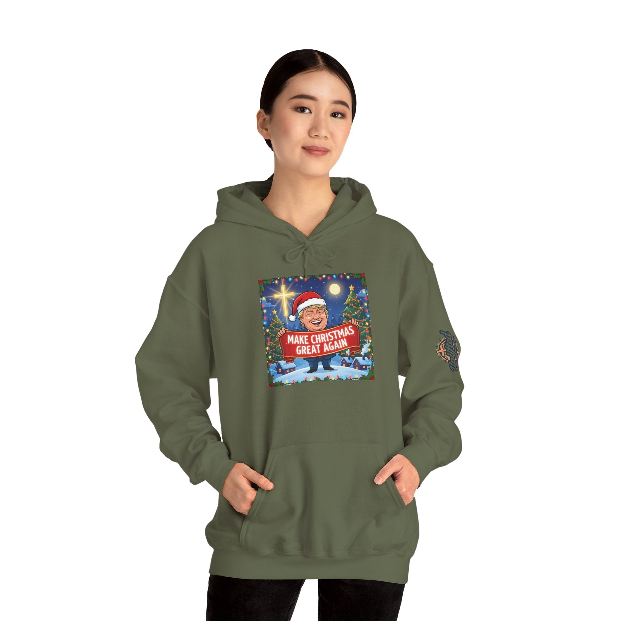 🎄 Make Christmas Great Again – Patriotic Christian Christmas Hoodie | Bold Holiday Faith Tee | Red & White Banner Design | Uplifted Gear Printify