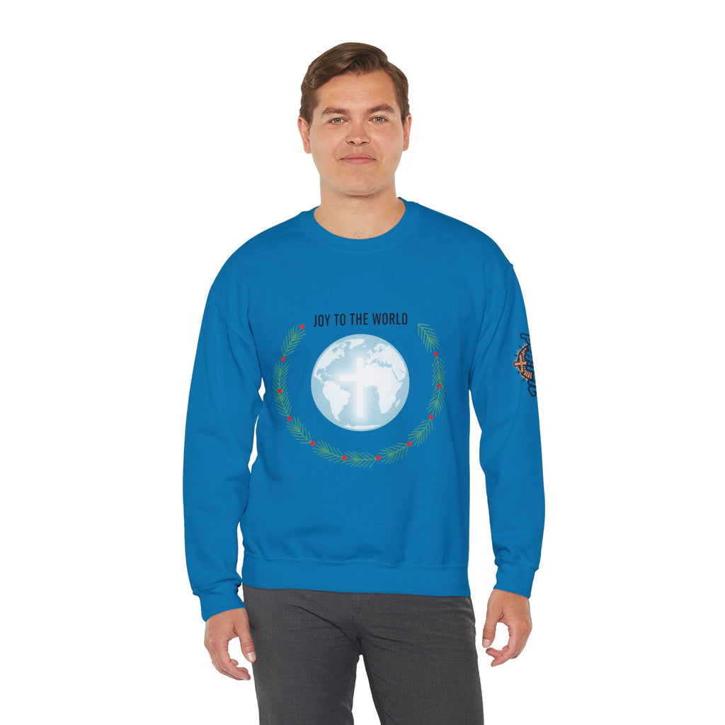 Joy to the World Sweatshirt – Wreath Earth Nativity Christian Christmas Sweatshirt for Isaiah 9:6 Holiday Faith & Festive Joy Printify