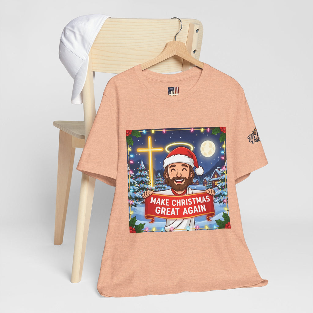 🎄 Make Christmas Great Again – Funny Christian T-Shirt | Jesus Holding Banner | Faith-Based Holiday Parody Tee | Uplifted Gear Printify