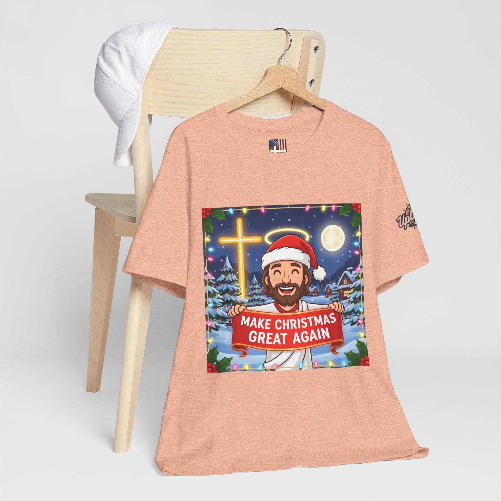 🎄 Make Christmas Great Again – Funny Christian T-Shirt | Jesus Holding Banner | Faith-Based Holiday Parody Tee | Uplifted Gear Printify