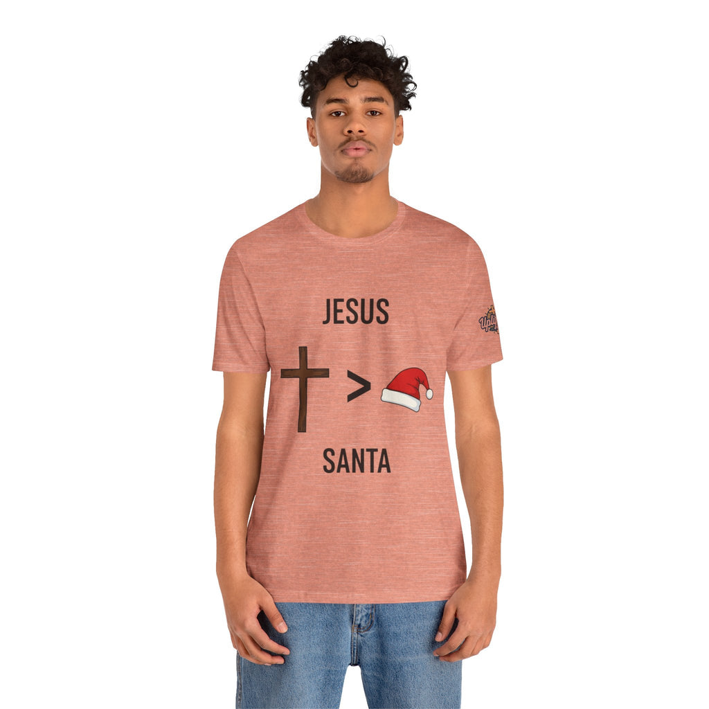 🎄 Jesus > Santa – Minimalist Christian Christmas T-Shirt | Bold Faith Over Holiday Tee | Cross vs Santa Hat Design | Uplifted Gear Printify