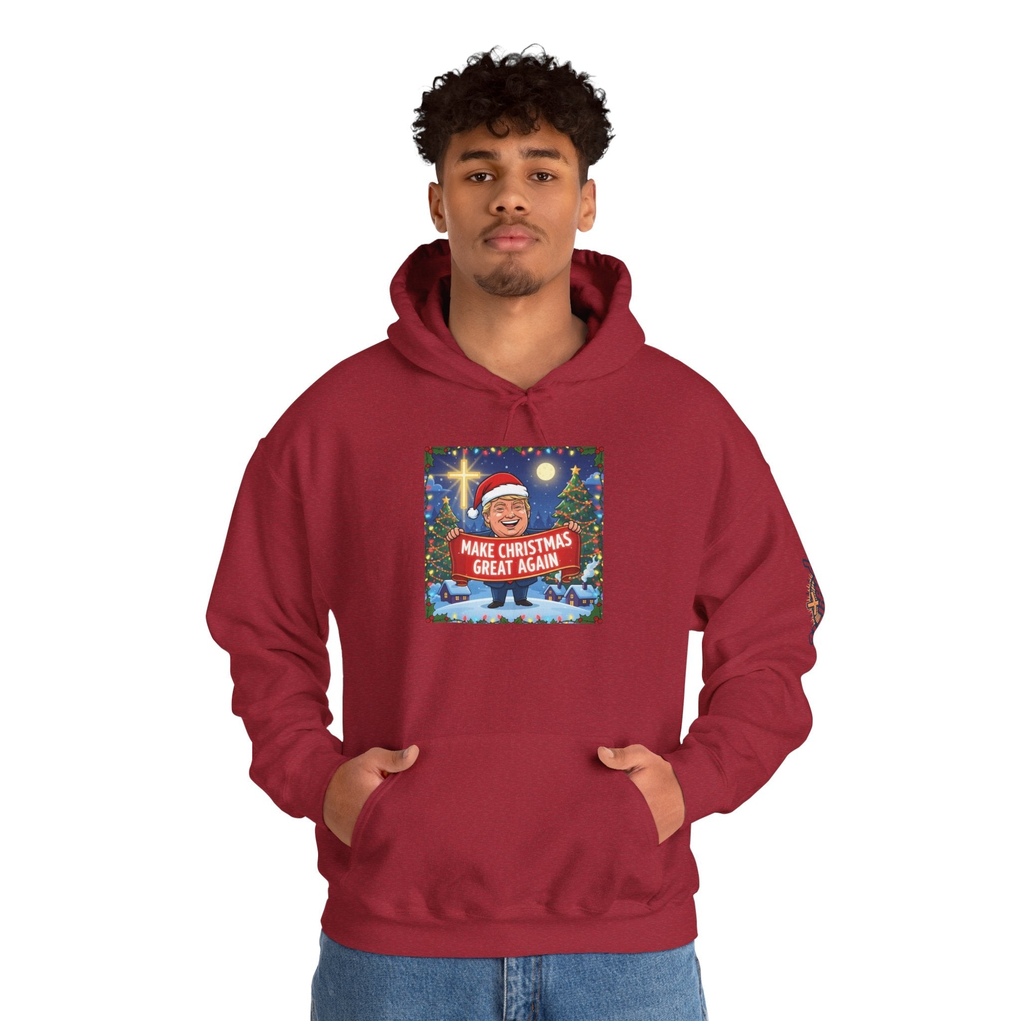 🎄 Make Christmas Great Again – Patriotic Christian Christmas Hoodie | Bold Holiday Faith Tee | Red & White Banner Design | Uplifted Gear Printify